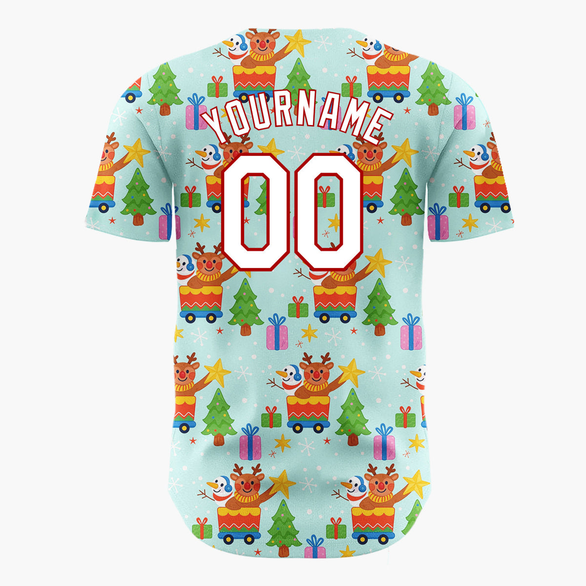 Custom Light Blue Reindeers And Snowmen Train Merry Christmas Baseball Jersey