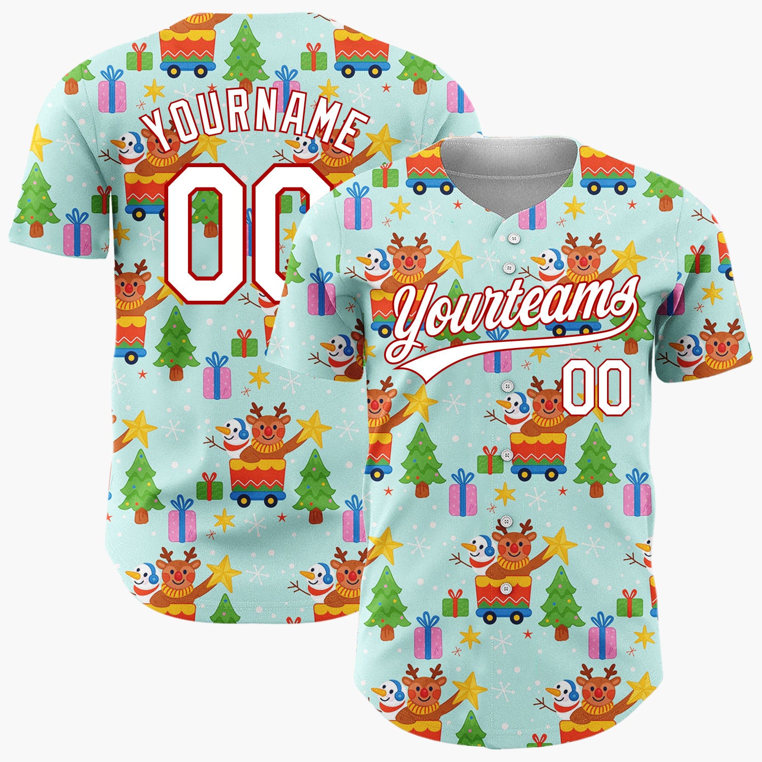 Custom Light Blue Reindeers And Snowmen Train Merry Christmas Baseball Jersey