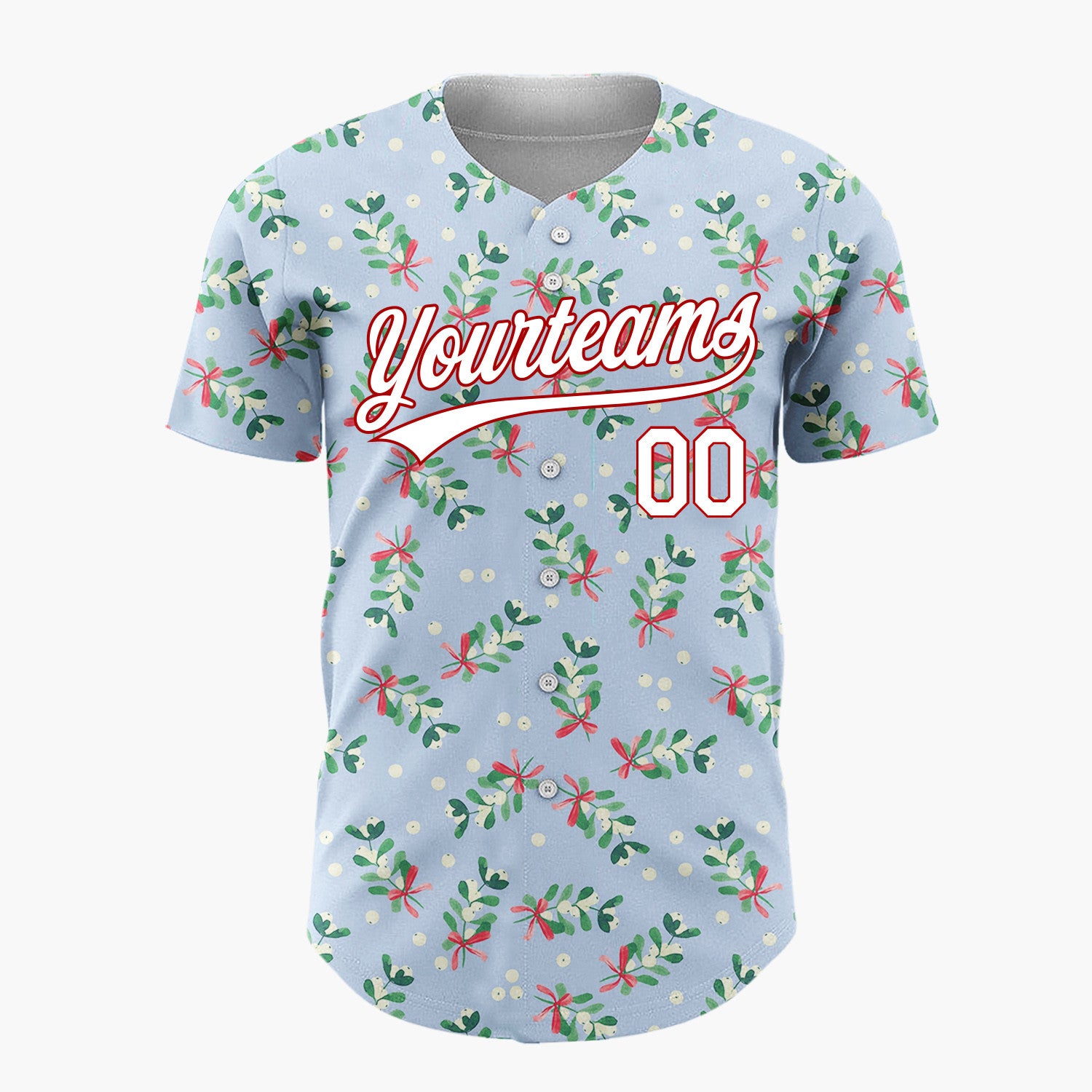 Custom Light Blue Mistletoe Sprigs Red Bows Whimsical Christmas Baseball Jersey