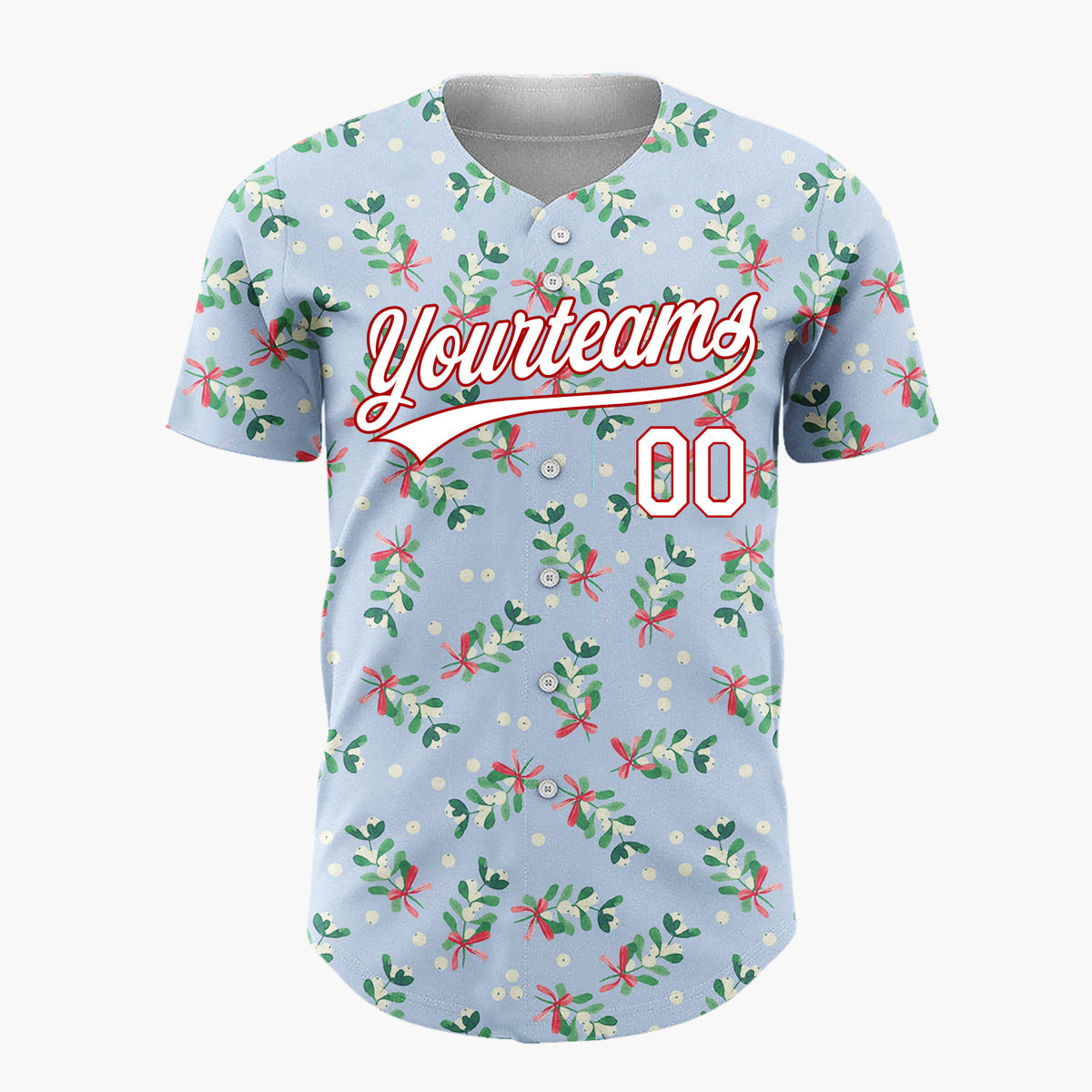 Custom Light Blue Mistletoe Sprigs Red Bows Whimsical Christmas Baseball Jersey