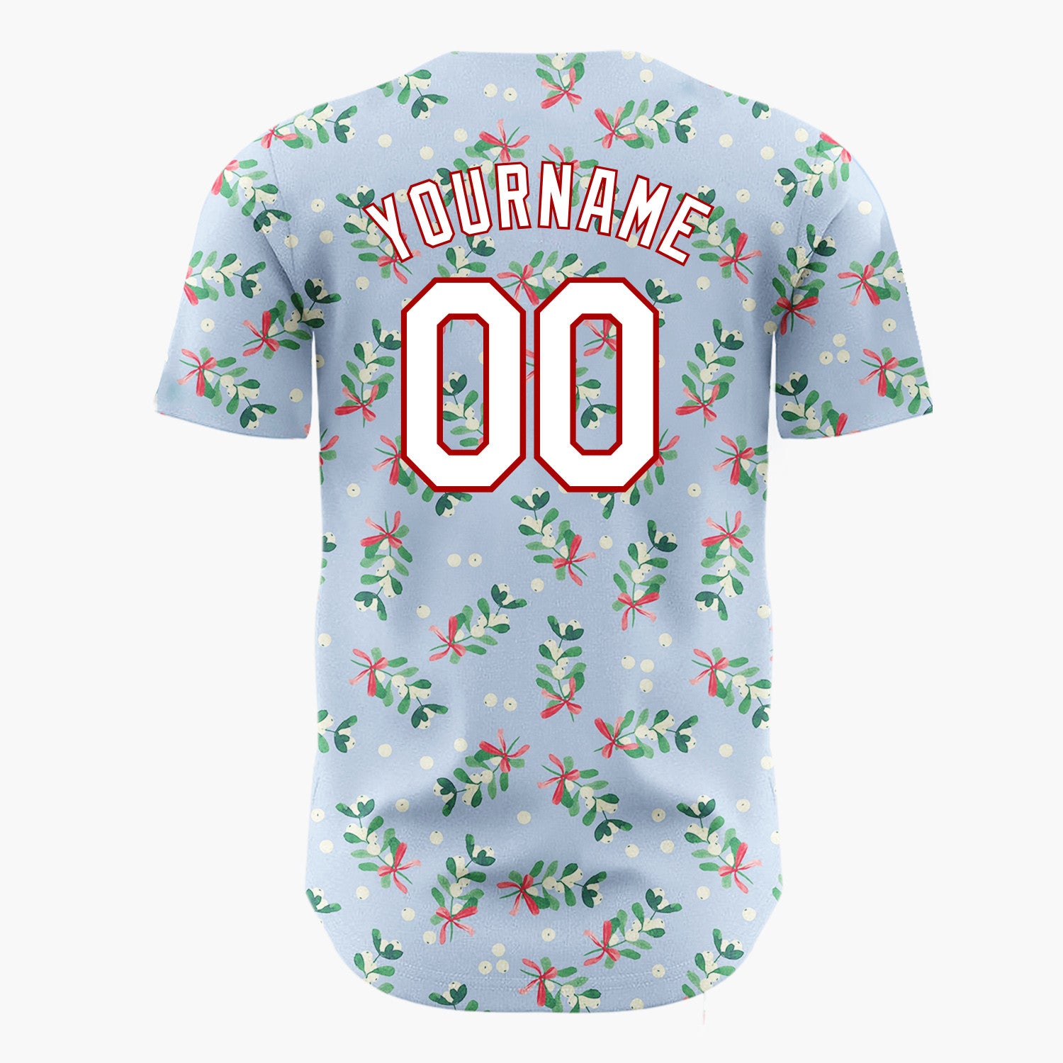 Custom Light Blue Mistletoe Sprigs Red Bows Whimsical Christmas Baseball Jersey