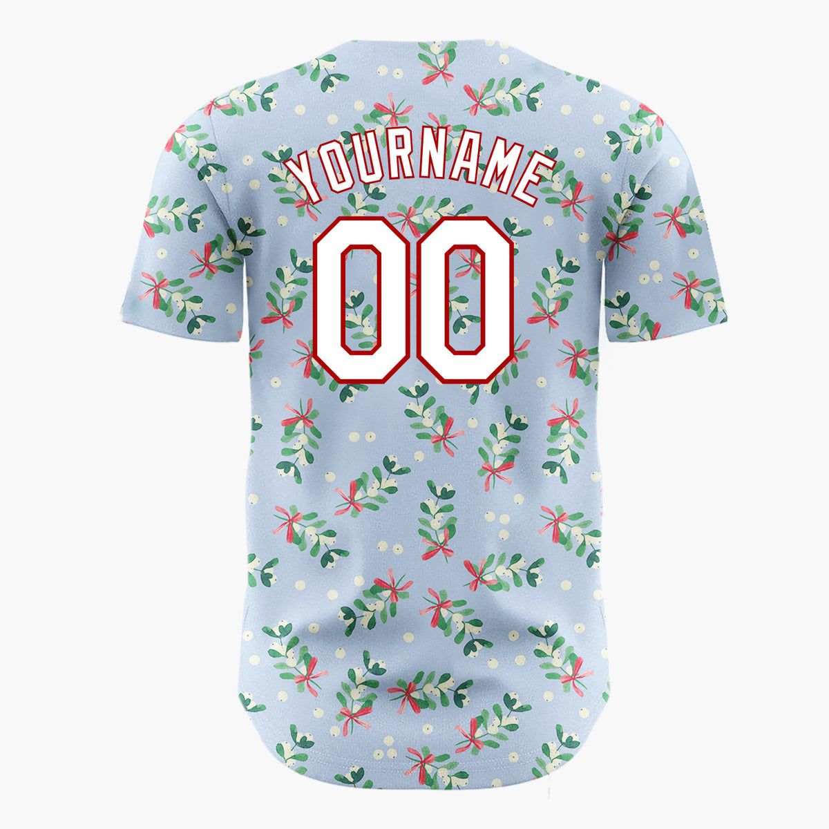 Custom Light Blue Mistletoe Sprigs Red Bows Whimsical Christmas Baseball Jersey