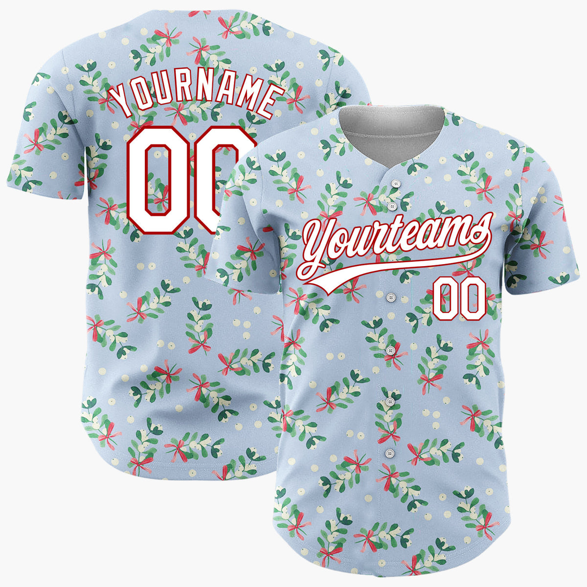 Custom Light Blue Mistletoe Sprigs Red Bows Whimsical Christmas Baseball Jersey