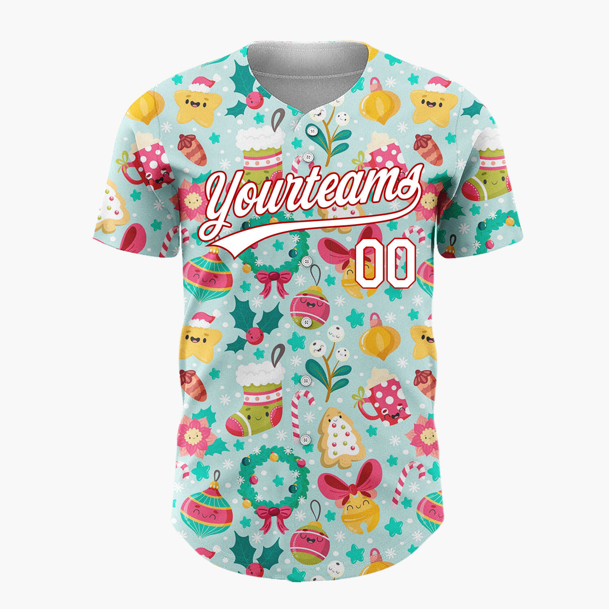 Custom Light Blue Cute Ornaments And Treats Christmas Kawaii Pattern Christmas Baseball Jersey