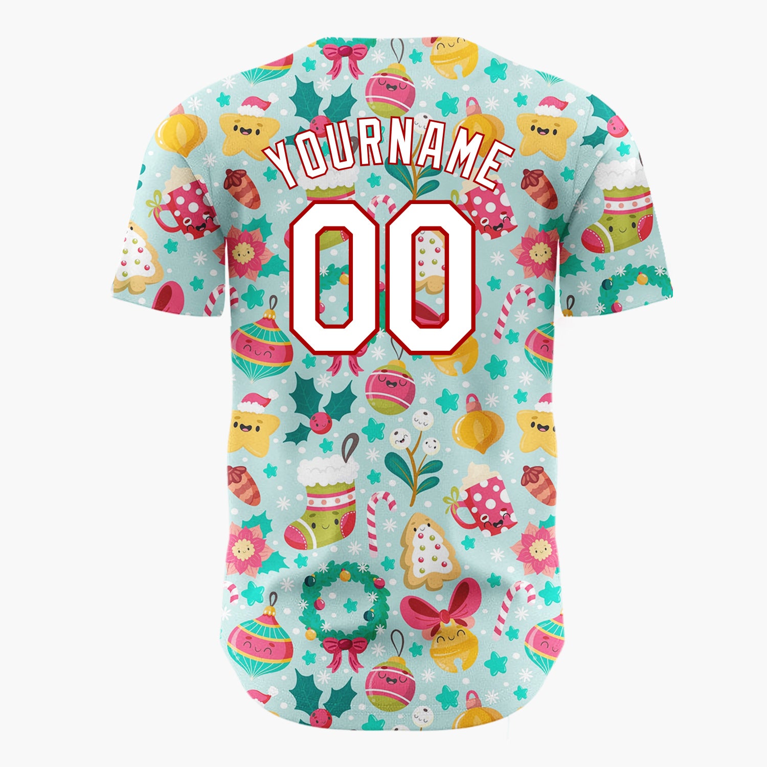 Custom Light Blue Cute Ornaments And Treats Christmas Kawaii Pattern Christmas Baseball Jersey