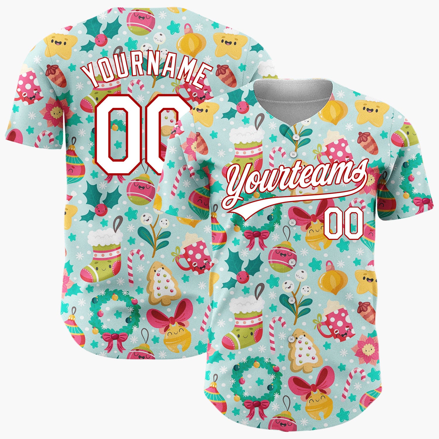 Custom Light Blue Cute Ornaments And Treats Christmas Kawaii Pattern Christmas Baseball Jersey