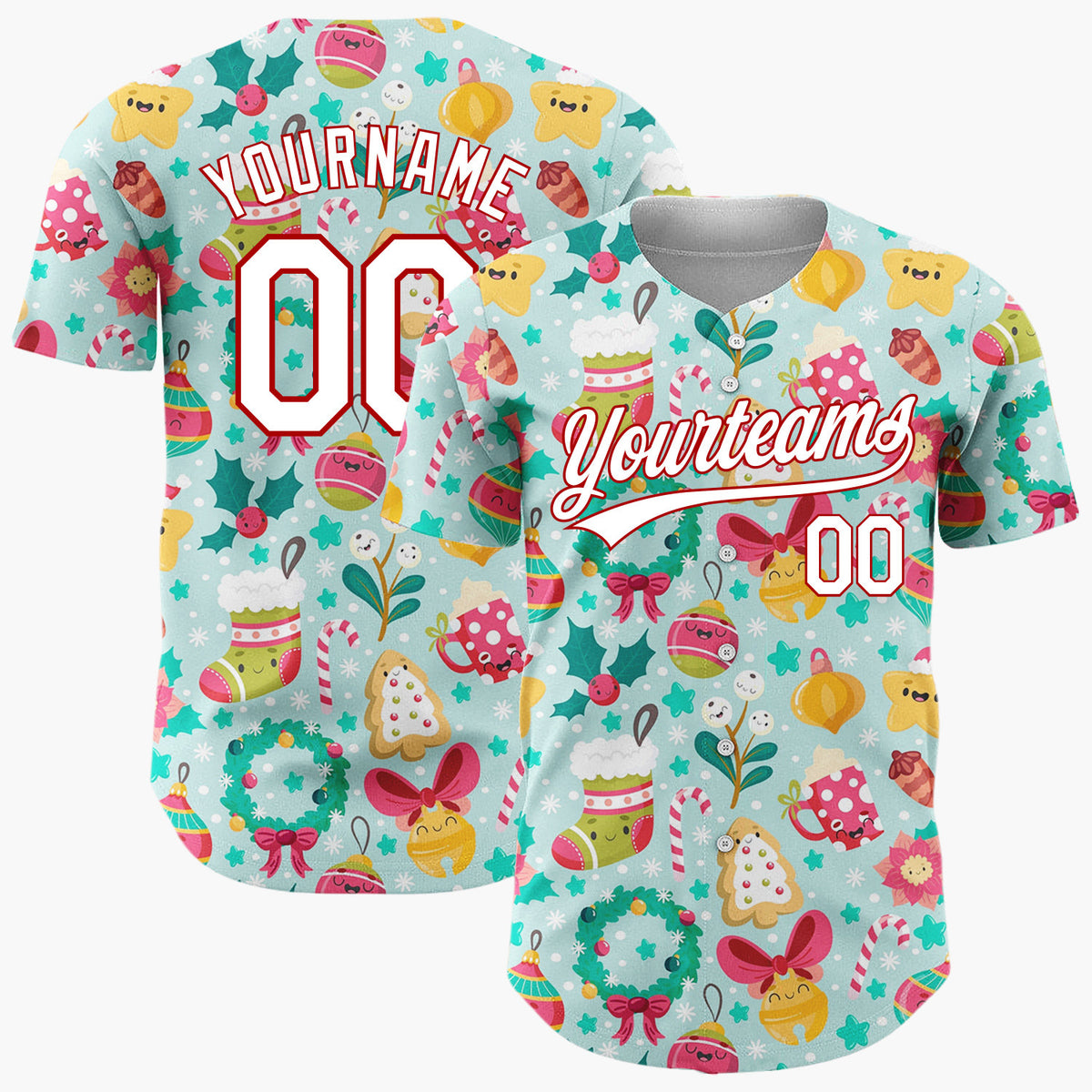 Custom Light Blue Cute Ornaments And Treats Christmas Kawaii Pattern Christmas Baseball Jersey