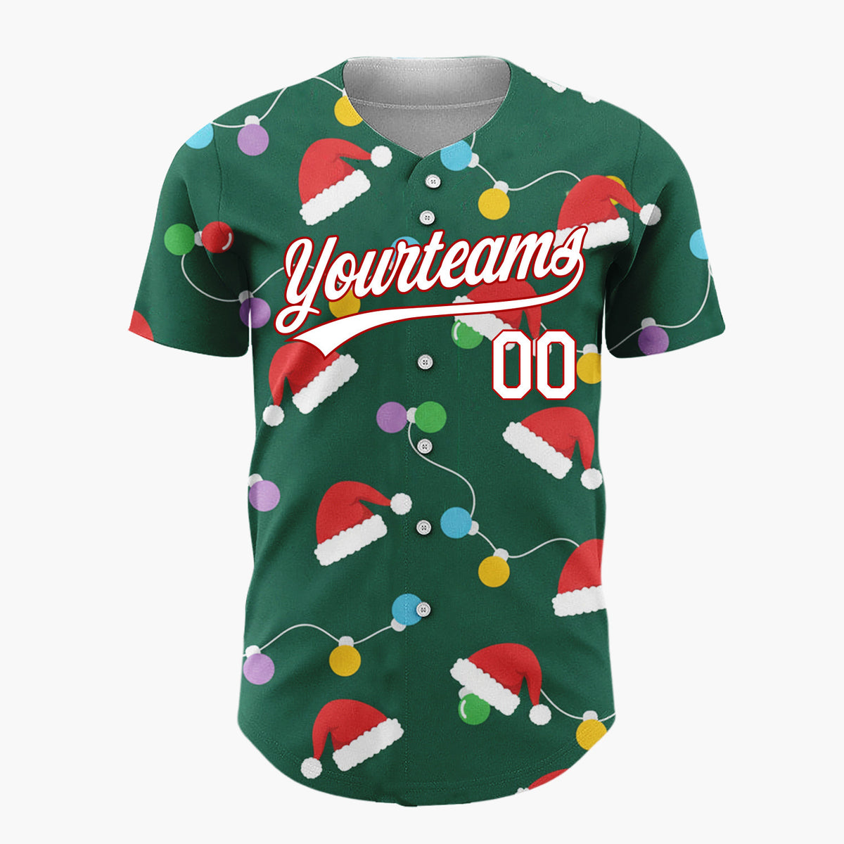Custom Green Red Multicolor Santa Hats And Bulb Lights Festive Christmas Baseball Jersey
