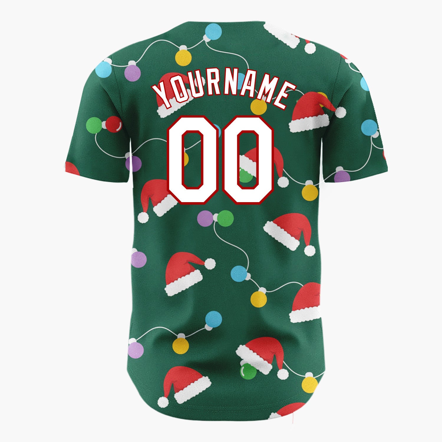 Custom Green Red Multicolor Santa Hats And Bulb Lights Festive Christmas Baseball Jersey