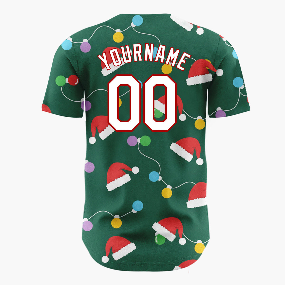 Custom Green Red Multicolor Santa Hats And Bulb Lights Festive Christmas Baseball Jersey