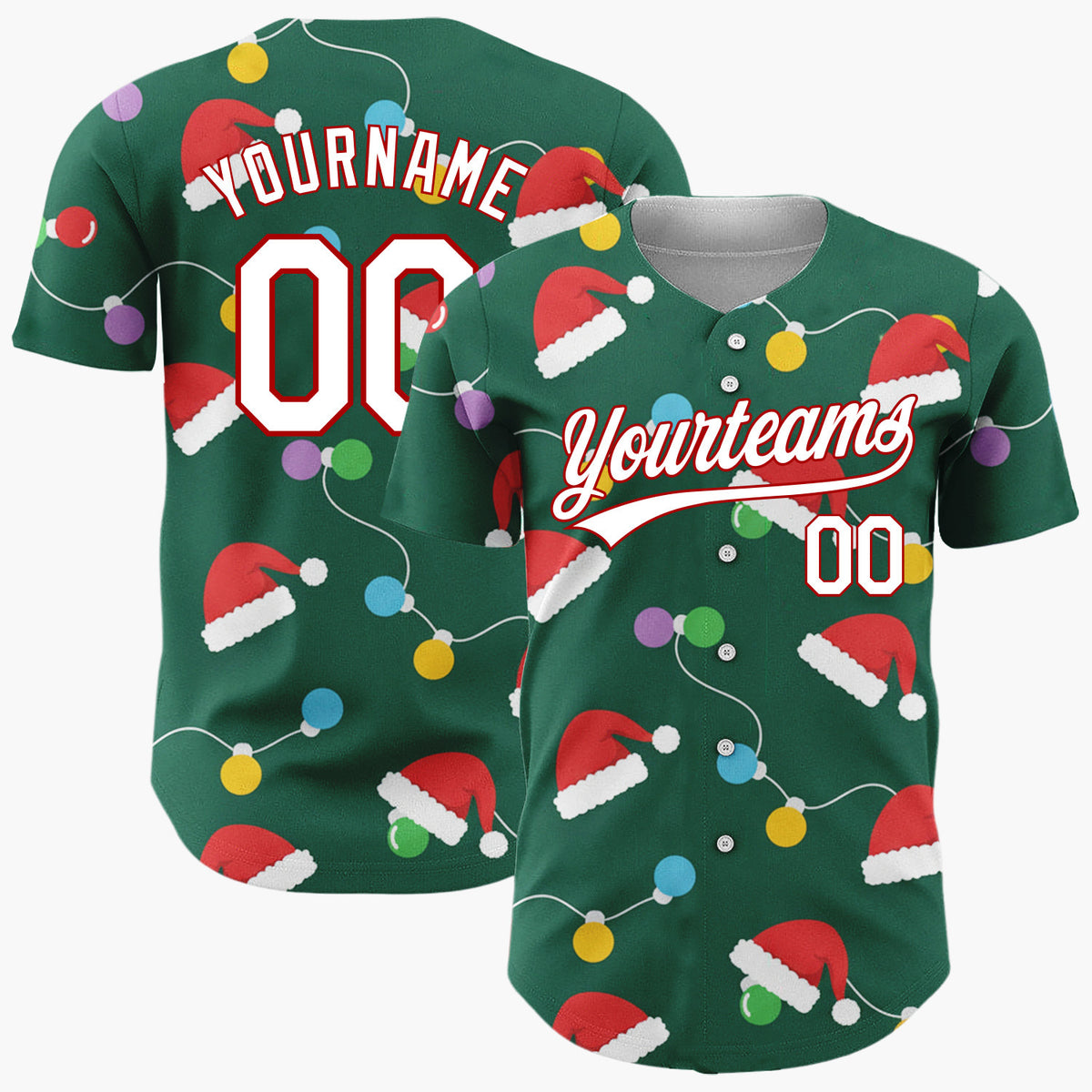 Custom Green Red Multicolor Santa Hats And Bulb Lights Festive Christmas Baseball Jersey