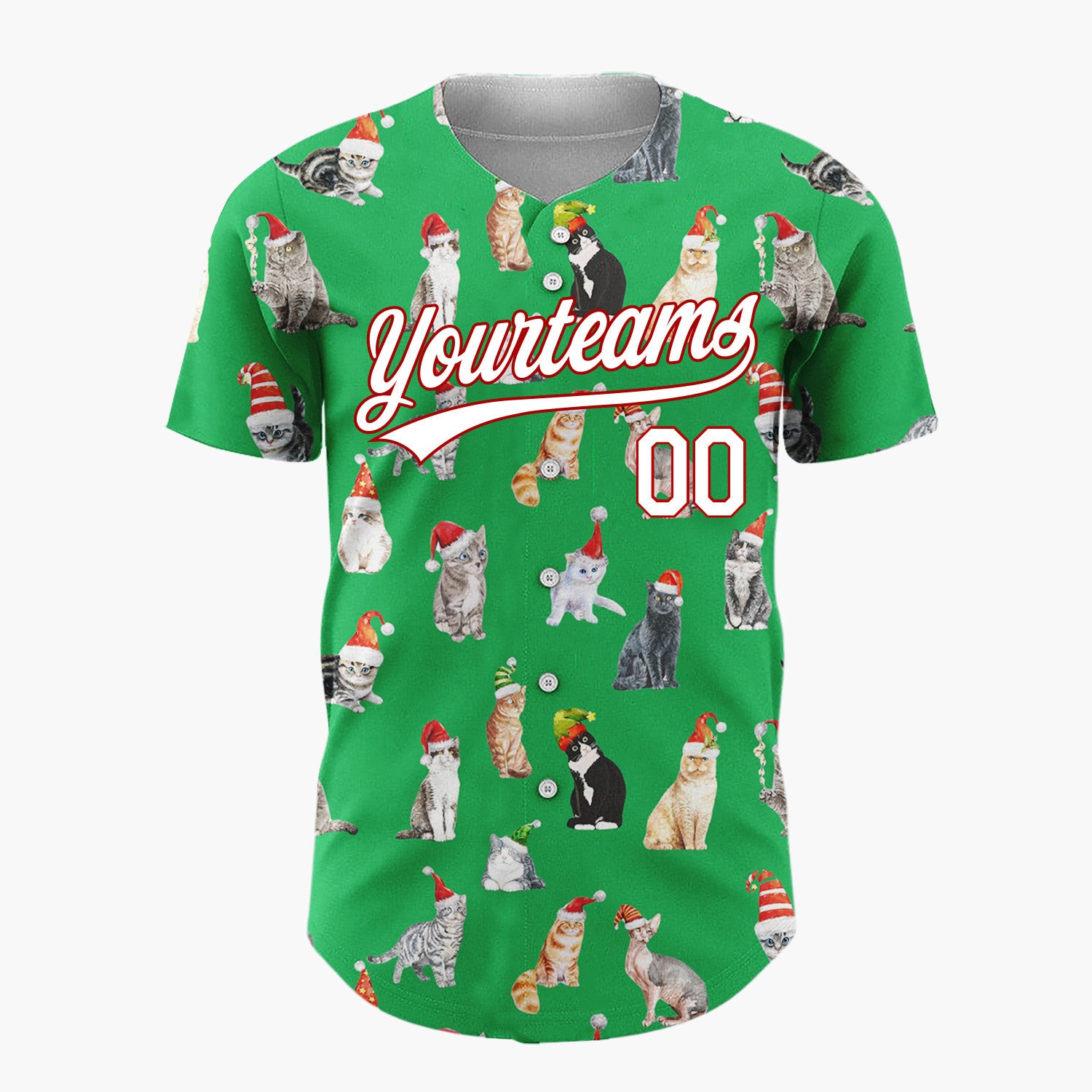 Custom Green Watercolor Cats In Santa Hats Whimsical Christmas Baseball Jersey