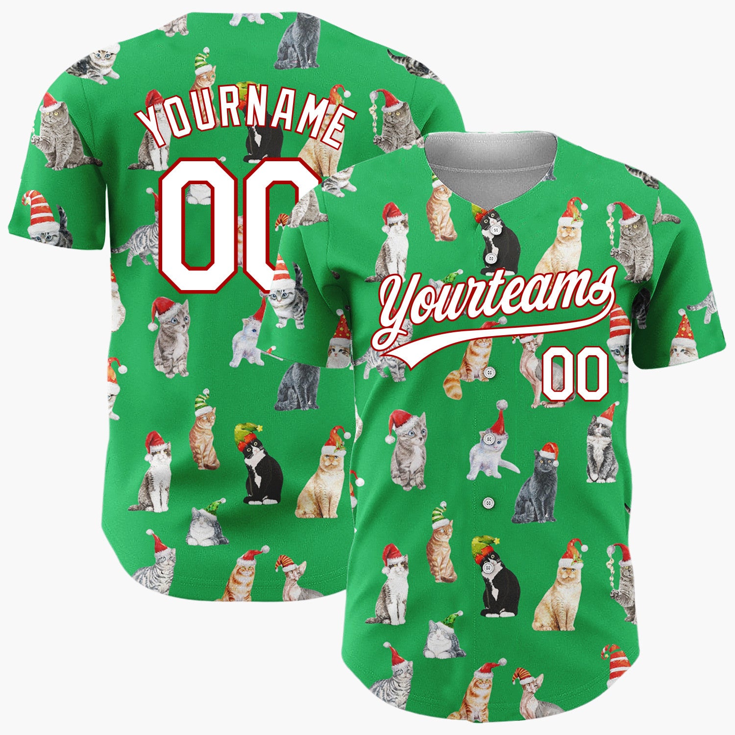 Custom Green Watercolor Cats In Santa Hats Whimsical Christmas Baseball Jersey