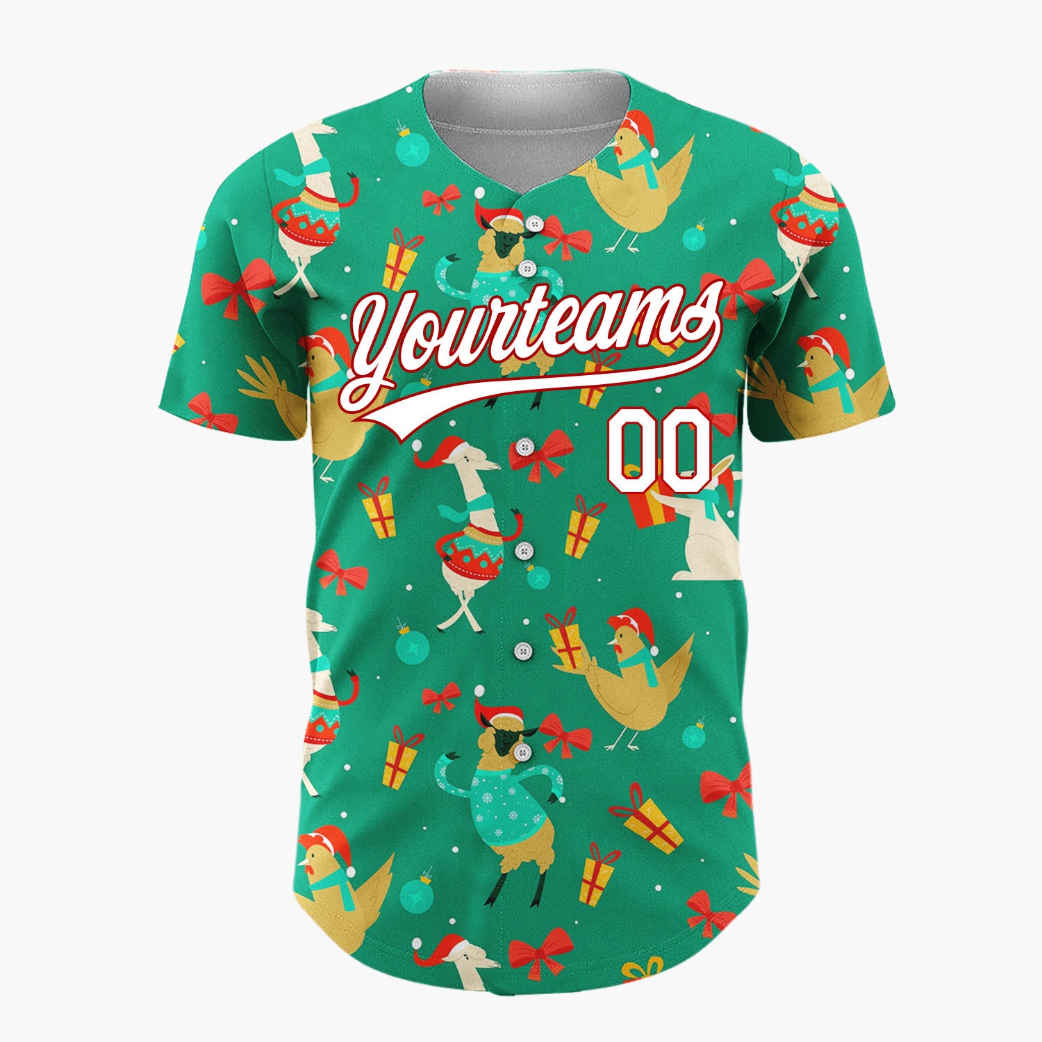 Custom Light Blue Red Llama Chicken Funny Animals Cozy Doodle Pattern Christmas Baseball Jersey