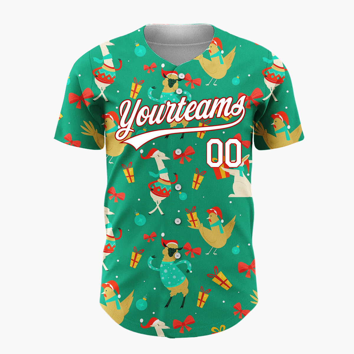 Custom Light Blue Red Llama Chicken Funny Animals Cozy Doodle Pattern Christmas Baseball Jersey
