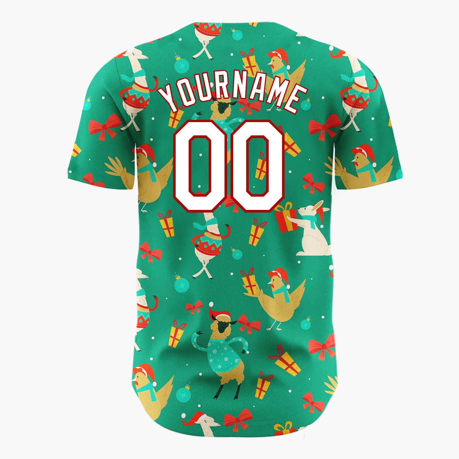 Custom Light Blue Red Llama Chicken Funny Animals Cozy Doodle Pattern Christmas Baseball Jersey