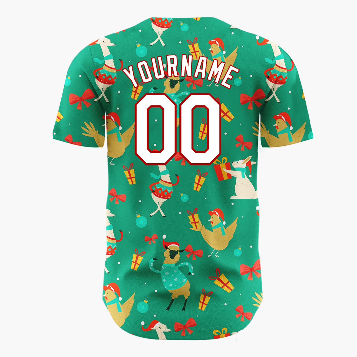 Custom Light Blue Red Llama Chicken Funny Animals Cozy Doodle Pattern Christmas Baseball Jersey