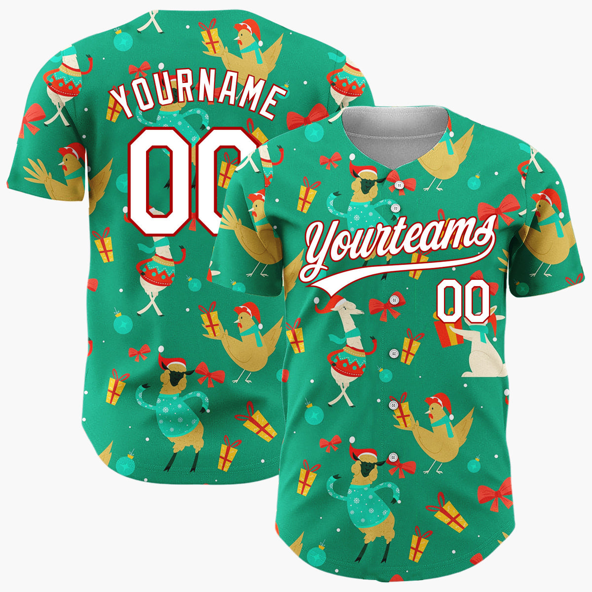 Custom Light Blue Red Llama Chicken Funny Animals Cozy Doodle Pattern Christmas Baseball Jersey