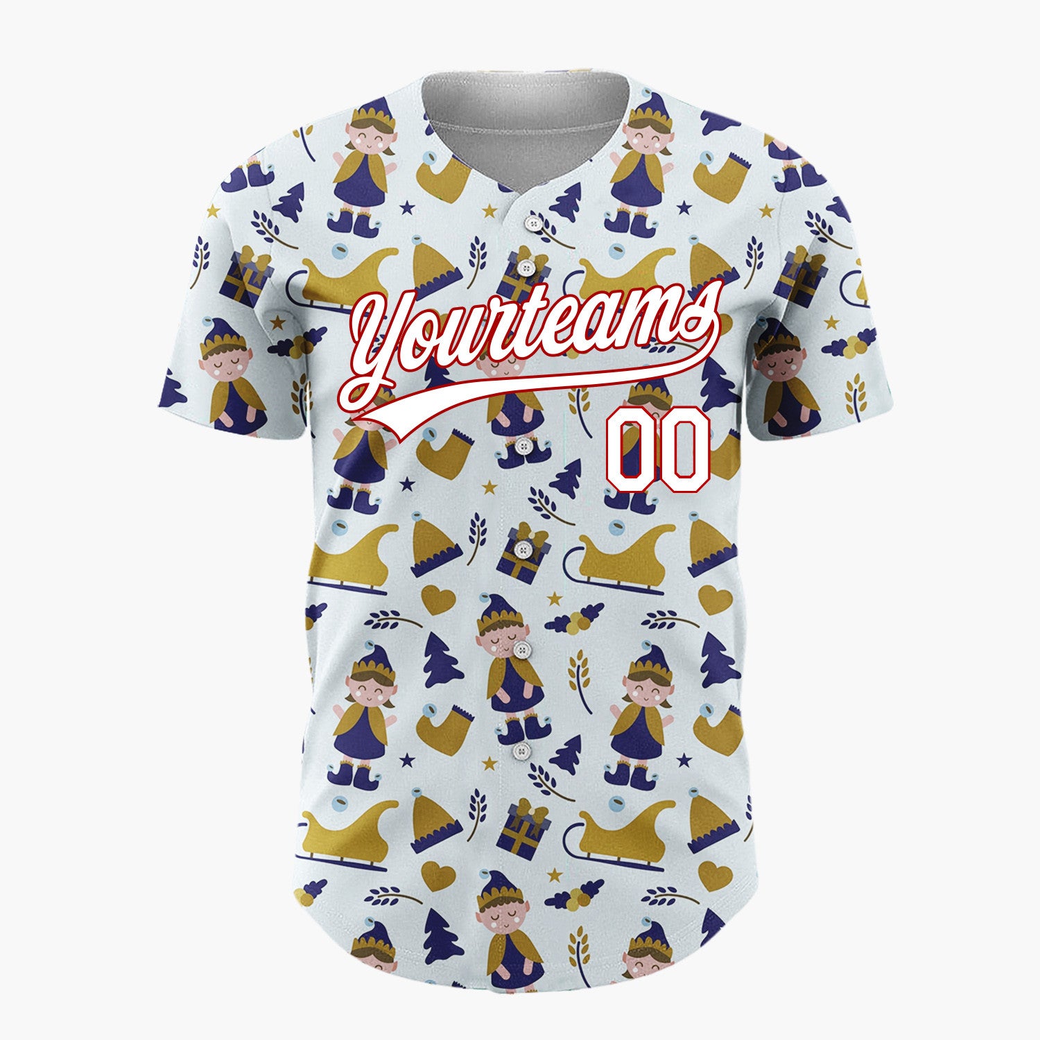 Custom Light Blue Gold Elf Sleigh Christmas Baseball Jersey