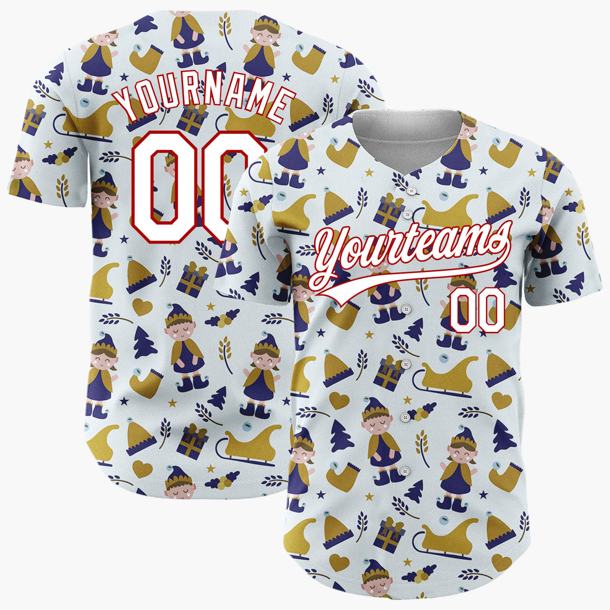 Custom Light Blue Gold Elf Sleigh Christmas Baseball Jersey