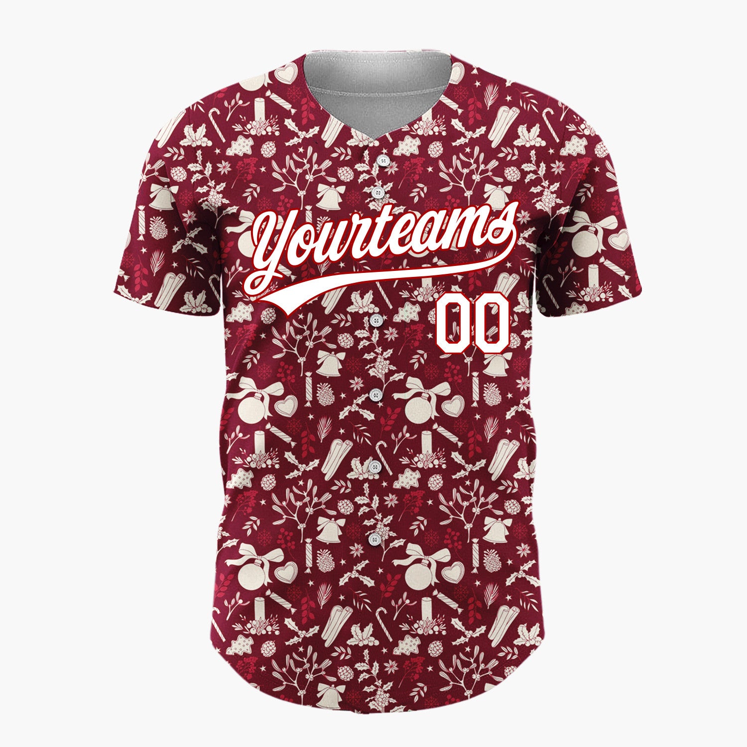 Custom Dark Red Holly Berries Stars Minimalist Pattern Christmas Baseball Jersey
