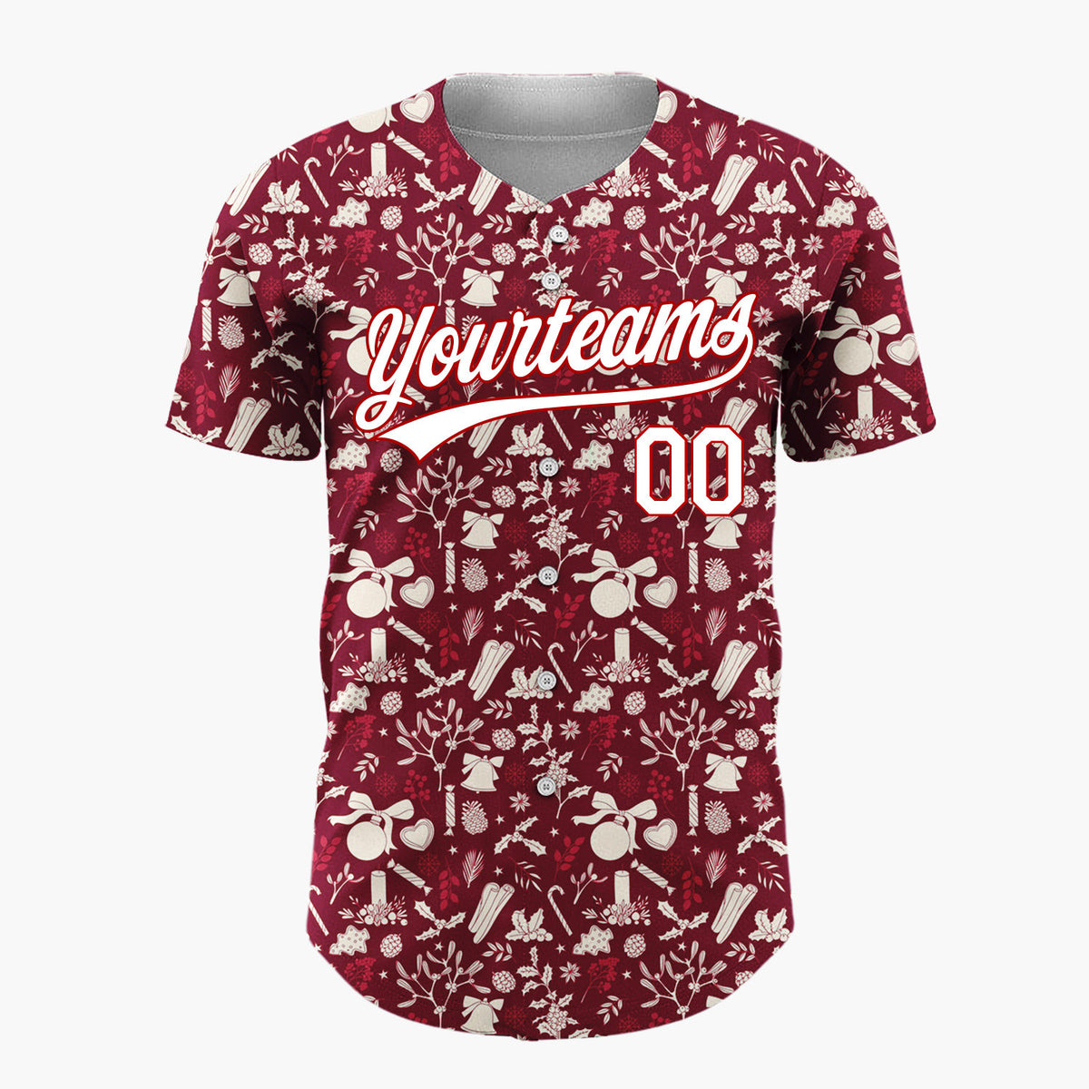 Custom Dark Red Holly Berries Stars Minimalist Pattern Christmas Baseball Jersey