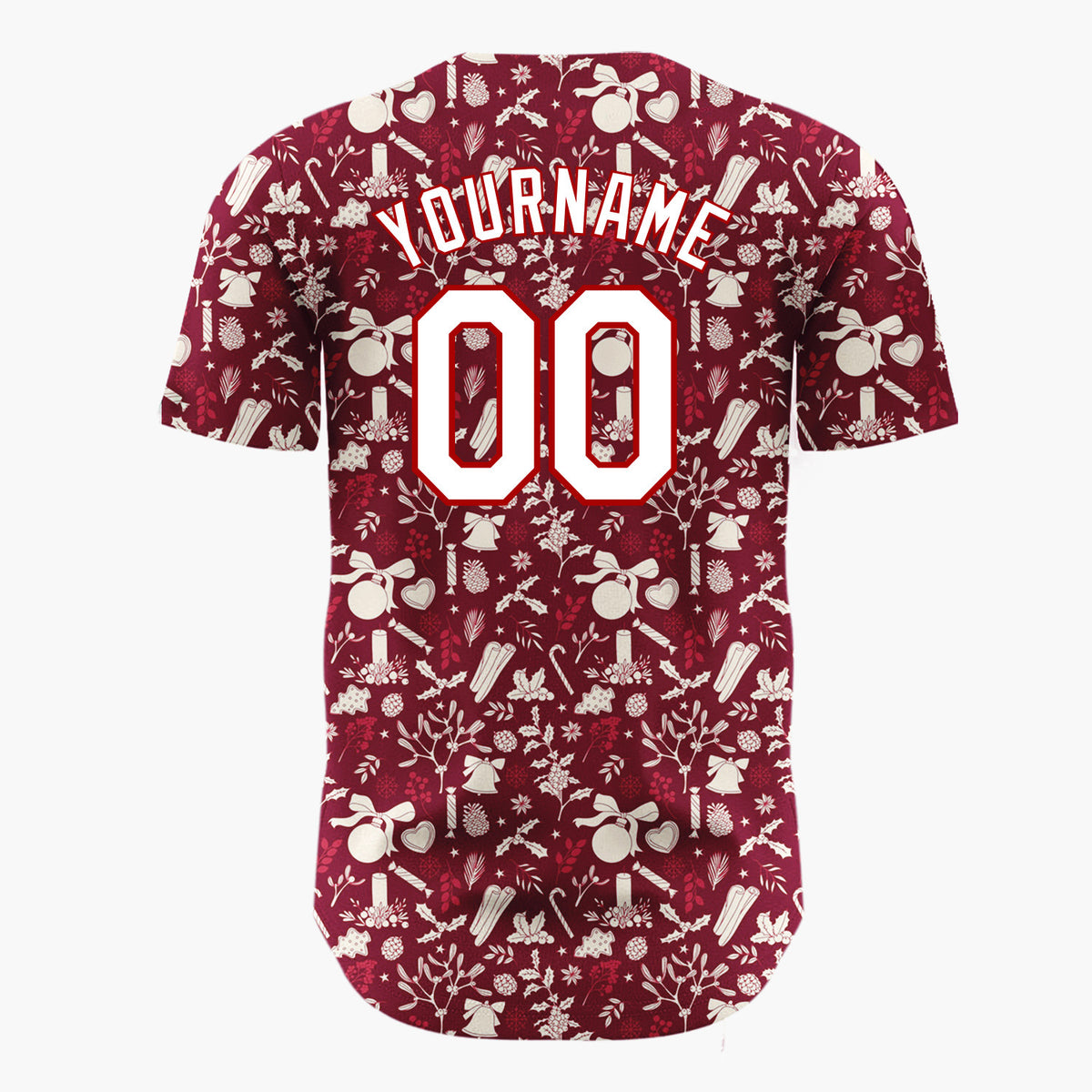 Custom Dark Red Holly Berries Stars Minimalist Pattern Christmas Baseball Jersey