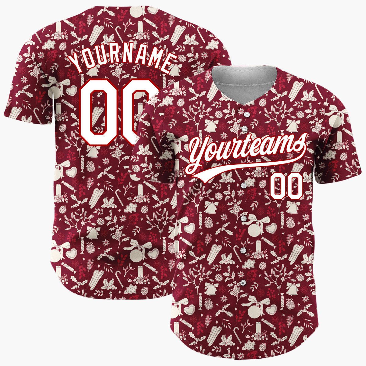 Custom Dark Red Holly Berries Stars Minimalist Pattern Christmas Baseball Jersey