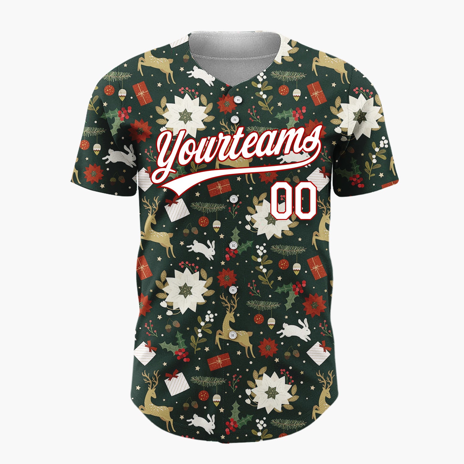 Custom Dark Green Reindeer Cozy Winter Christmas Cartoon Pattern Christmas Baseball Jersey