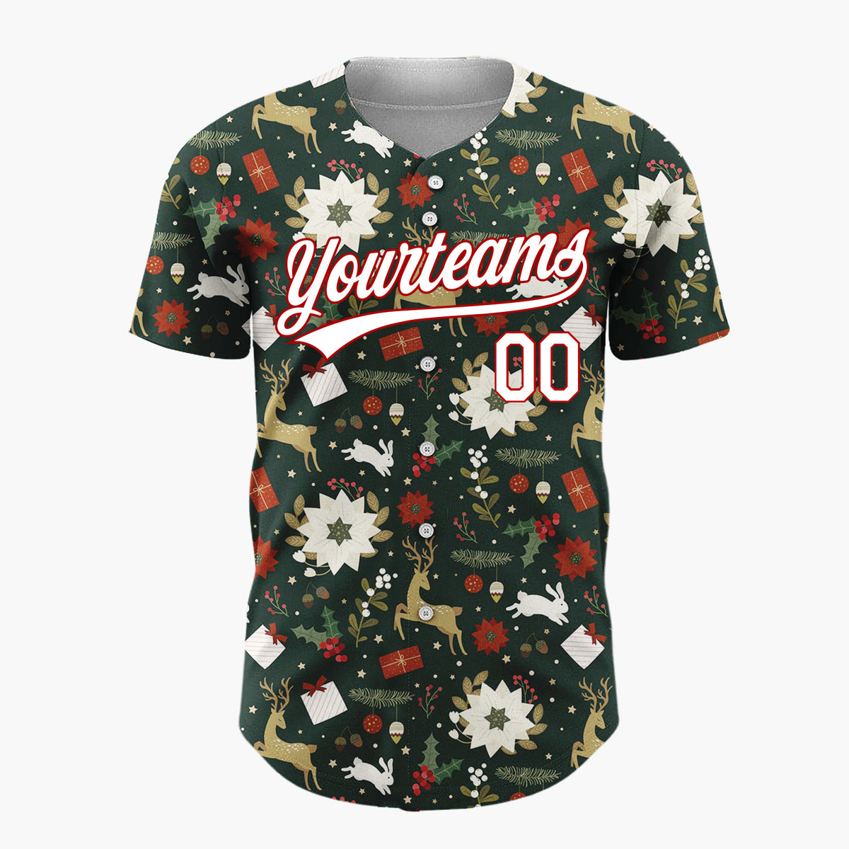 Custom Dark Green Reindeer Cozy Winter Christmas Cartoon Pattern Christmas Baseball Jersey