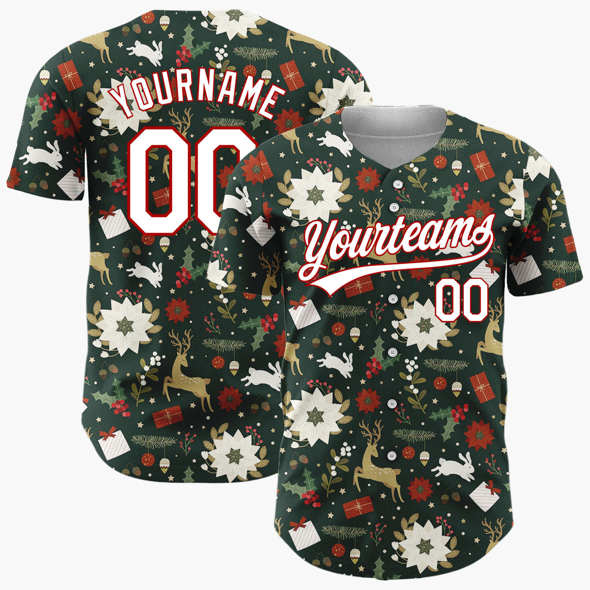 Custom Dark Green Reindeer Cozy Winter Christmas Cartoon Pattern Christmas Baseball Jersey
