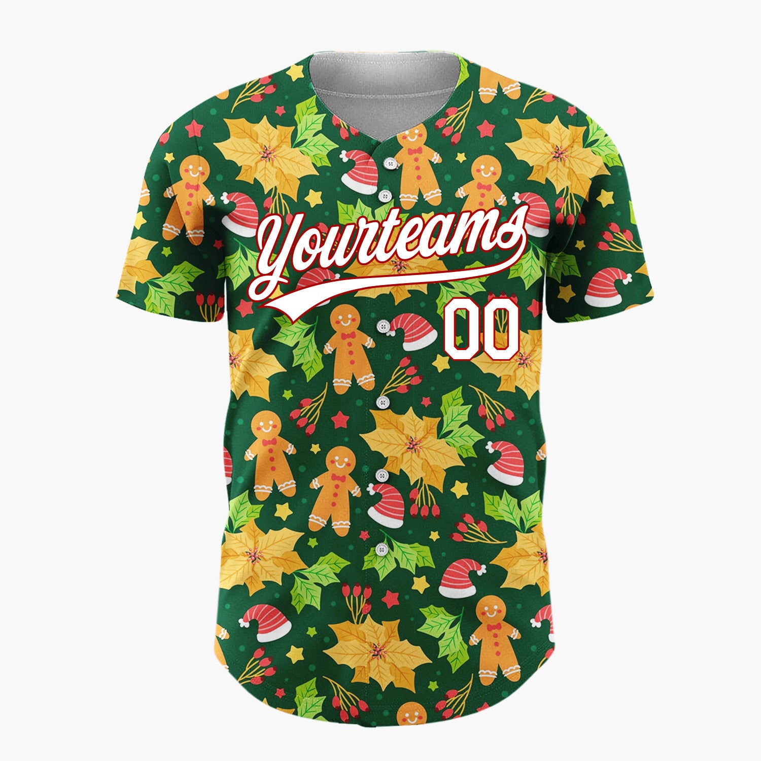 Custom Green Red Orange Gingerbread Hats And Holly Festive Christmas Baseball Jersey