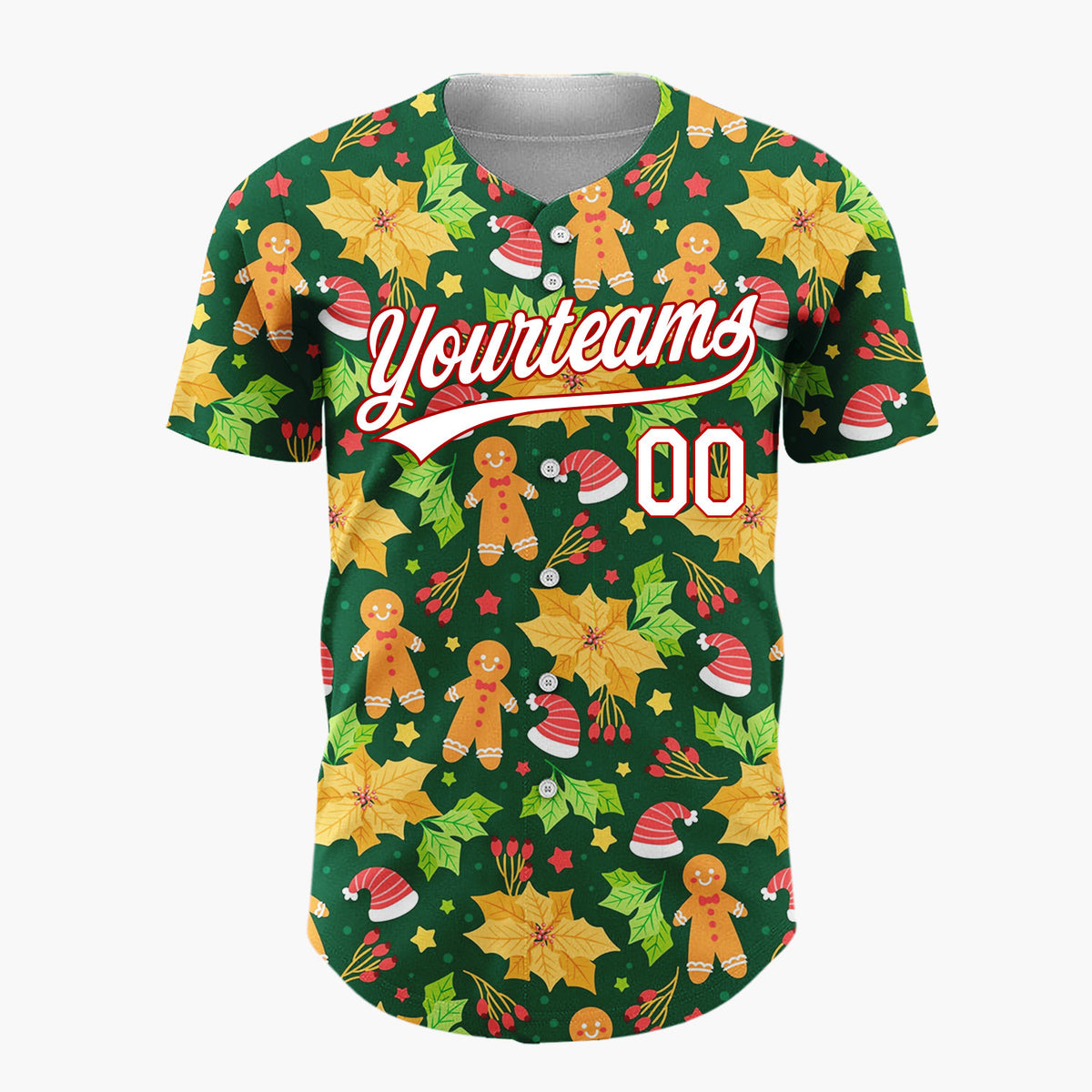 Custom Green Red Orange Gingerbread Hats And Holly Festive Christmas Baseball Jersey