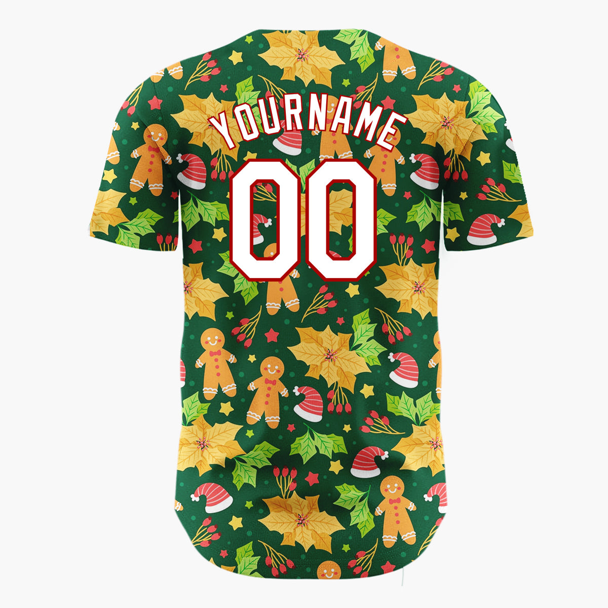 Custom Green Red Orange Gingerbread Hats And Holly Festive Christmas Baseball Jersey
