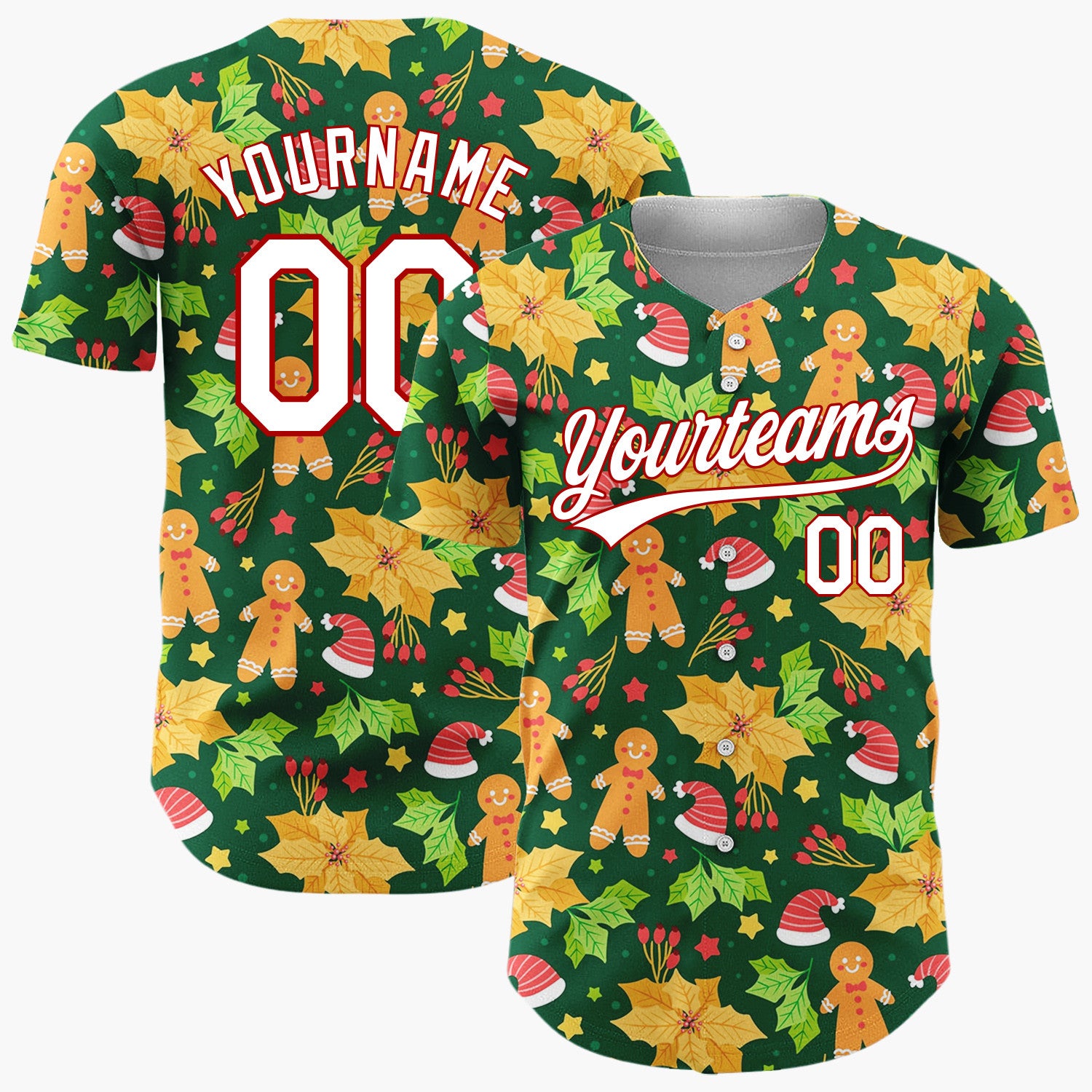 Custom Green Red Orange Gingerbread Hats And Holly Festive Christmas Baseball Jersey