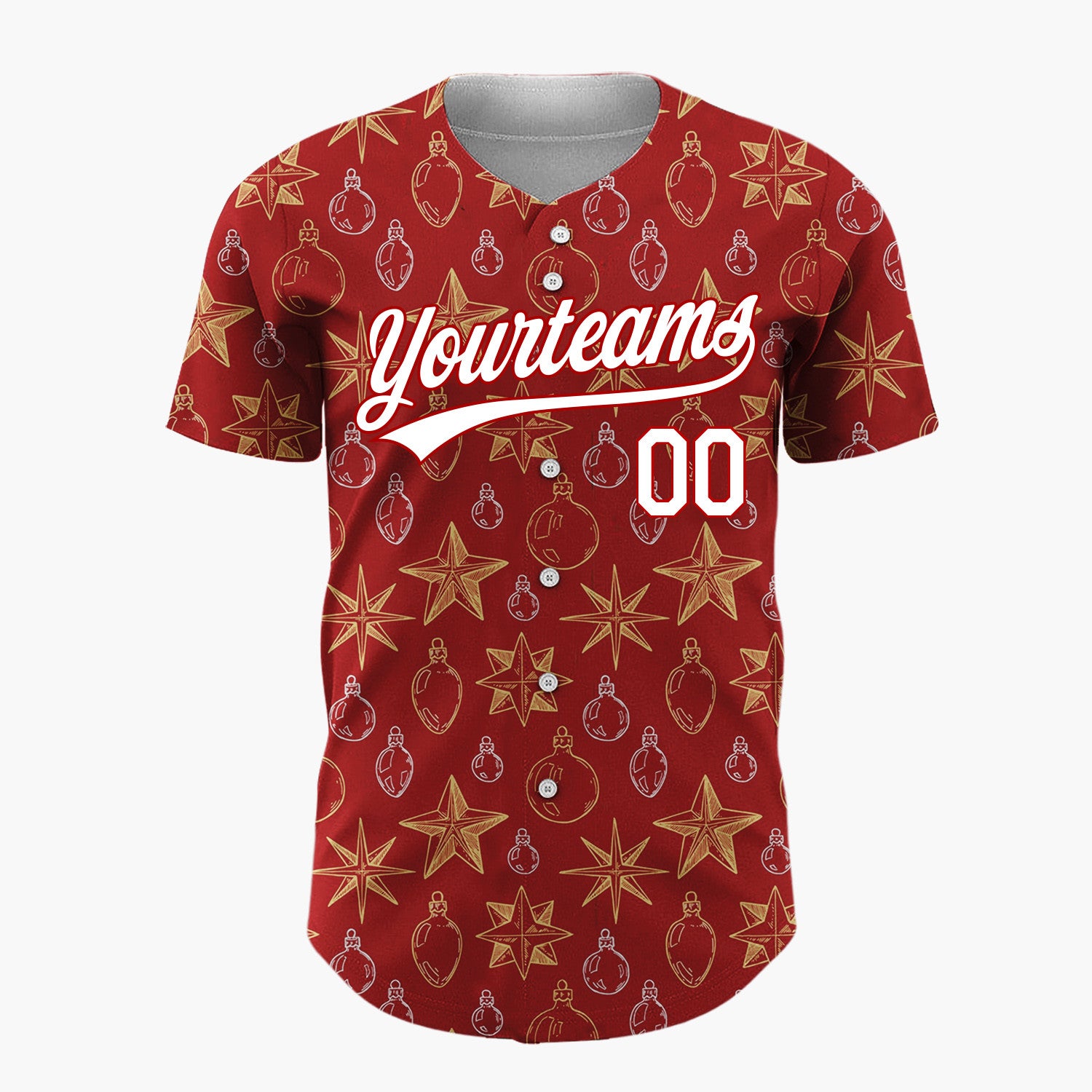 Custom Deep Red Star And Ornament Sketch Pattern Christmas Baseball Jersey