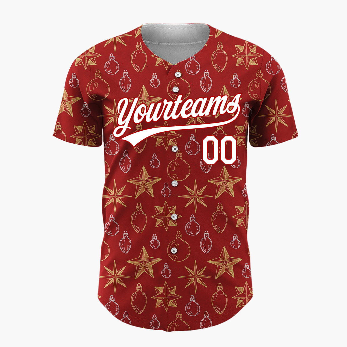 Custom Deep Red Star And Ornament Sketch Pattern Christmas Baseball Jersey