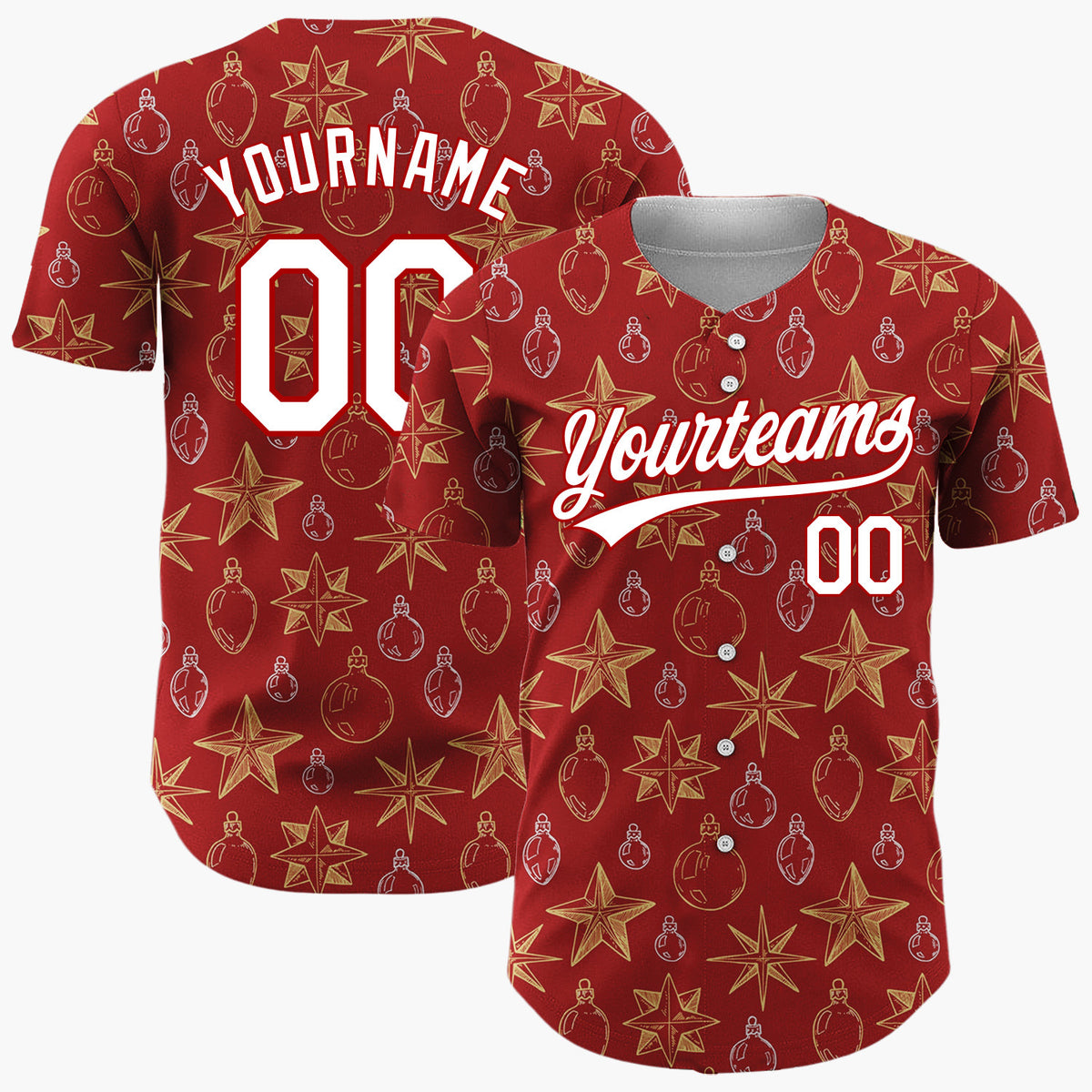 Custom Deep Red Star And Ornament Sketch Pattern Christmas Baseball Jersey