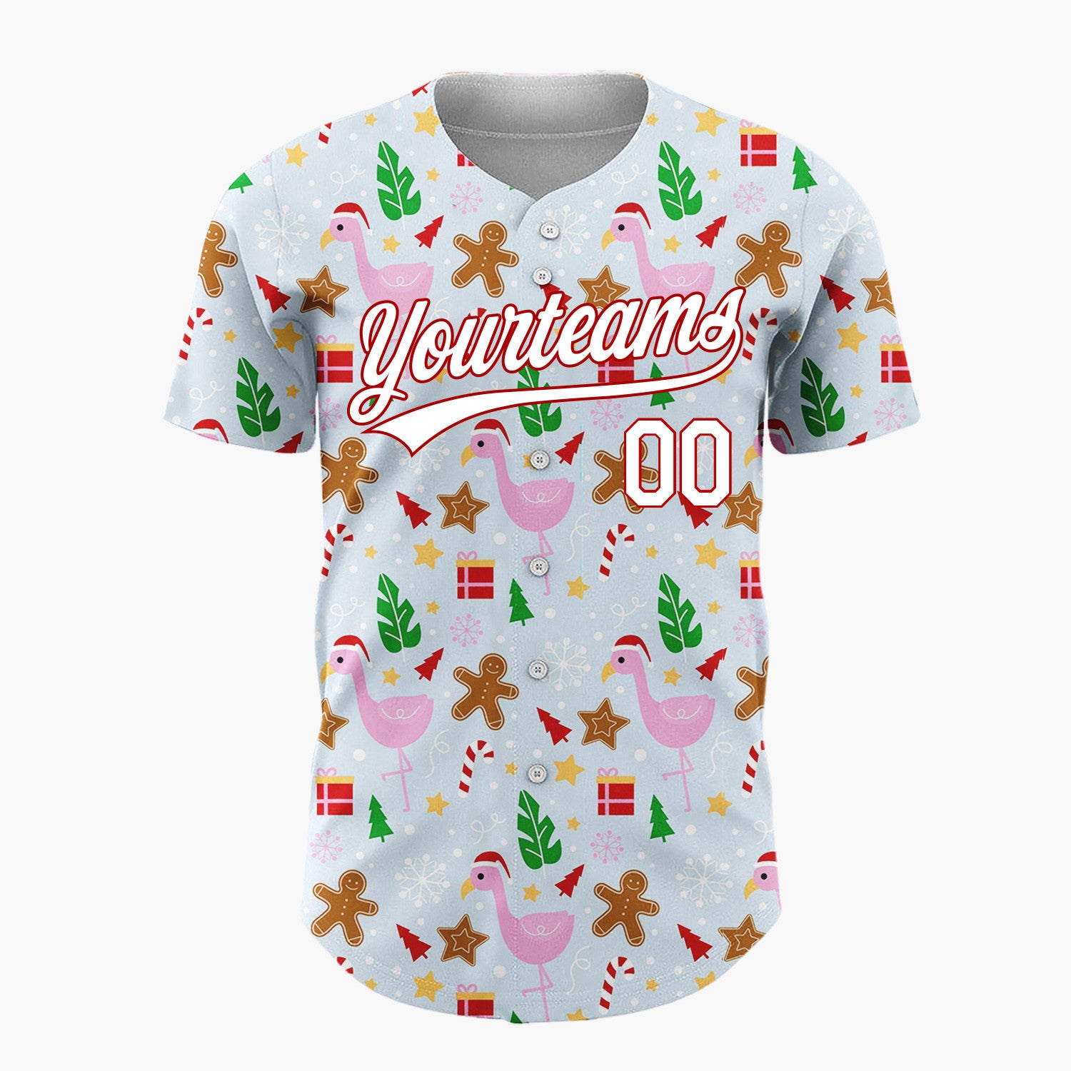 Custom Light Blue Pink Flamingo Gingerbread Summer Christmas Baseball Jersey