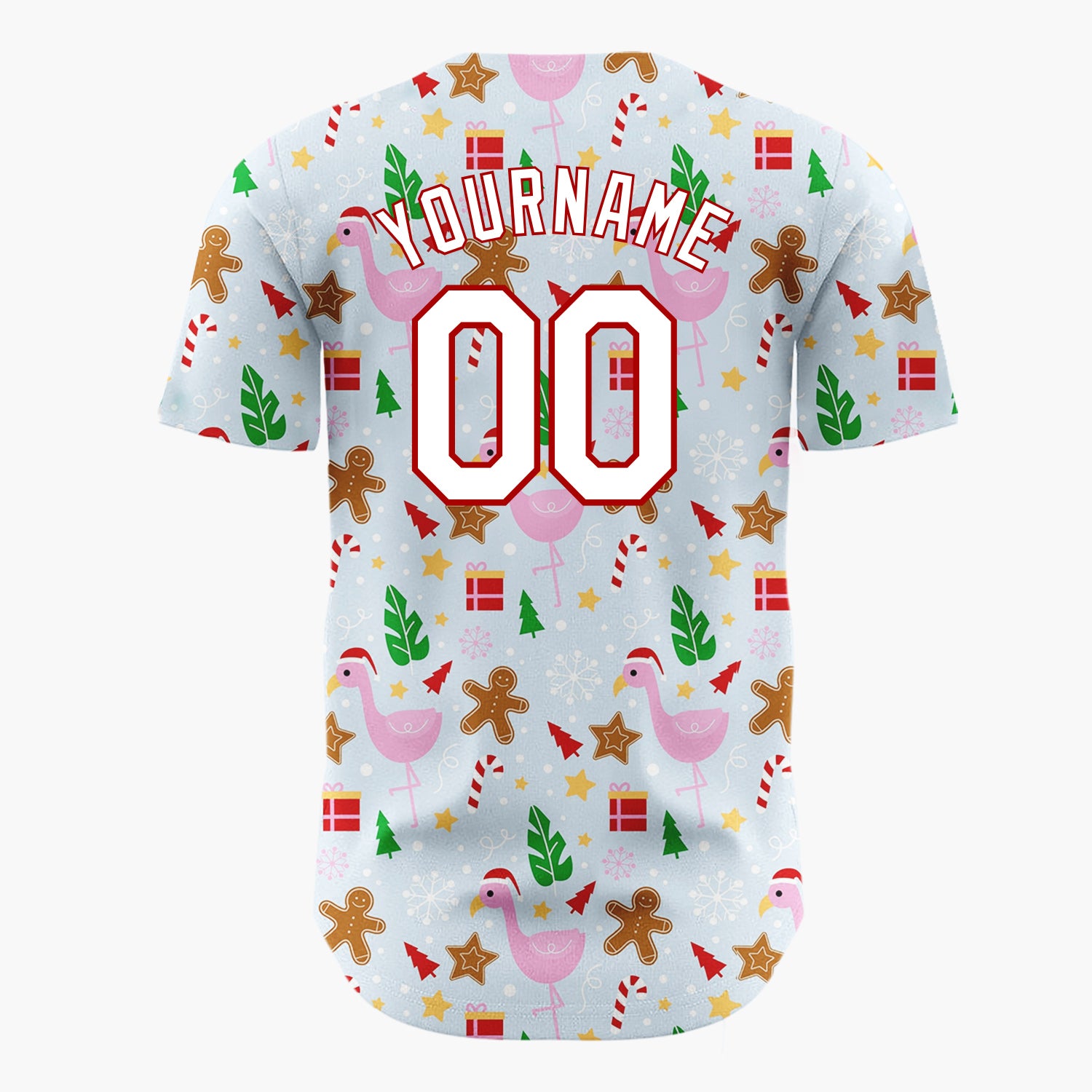 Custom Light Blue Pink Flamingo Gingerbread Summer Christmas Baseball Jersey