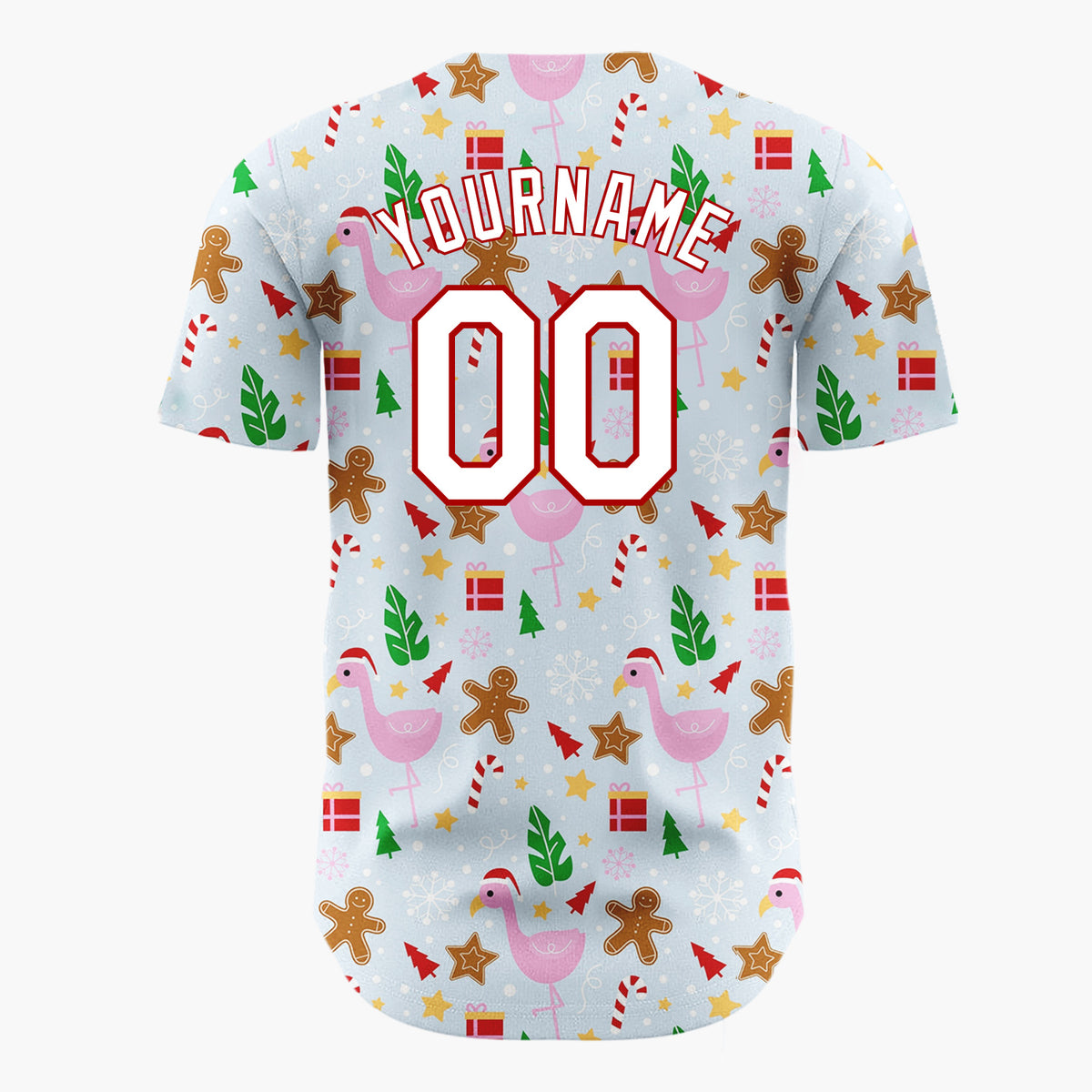 Custom Light Blue Pink Flamingo Gingerbread Summer Christmas Baseball Jersey