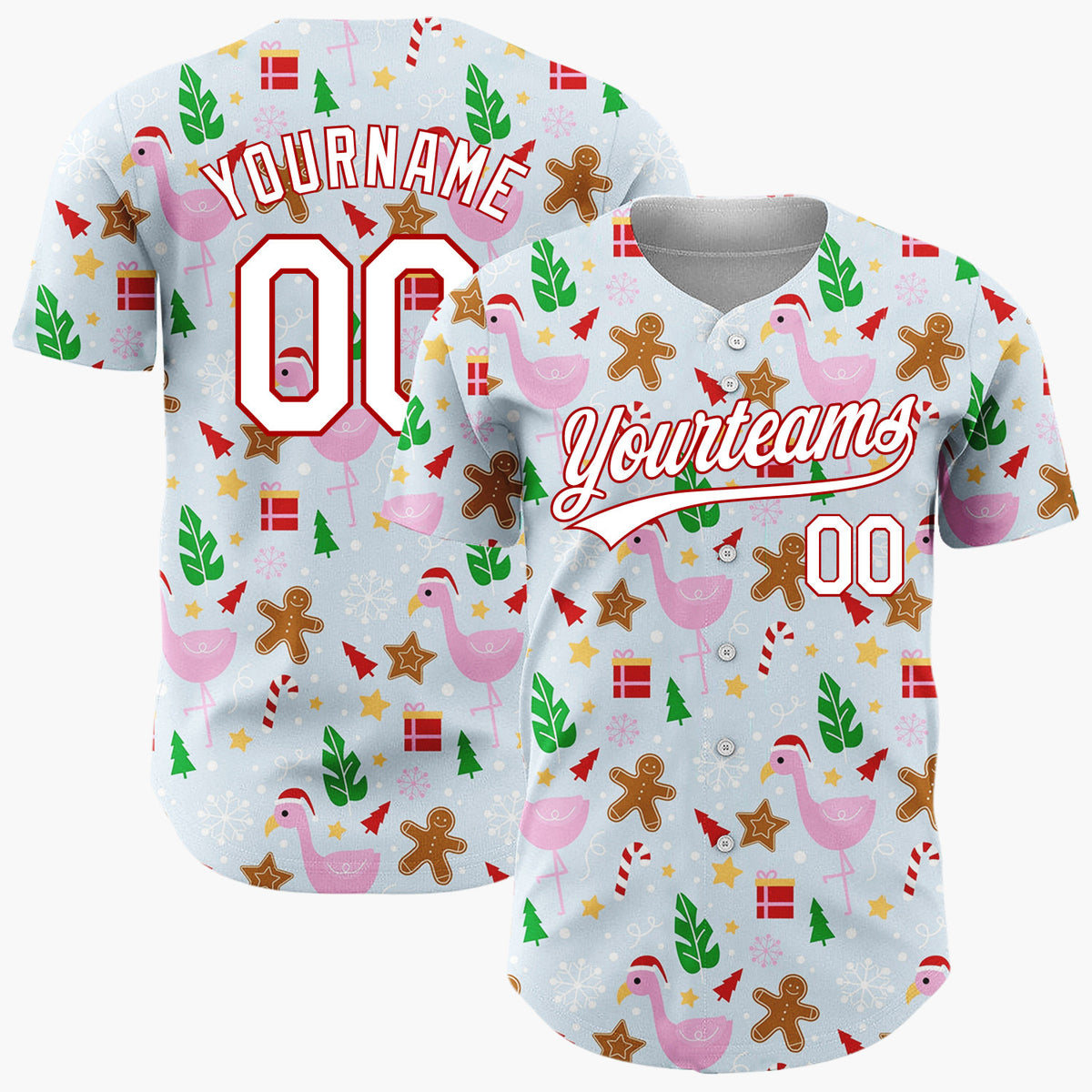 Custom Light Blue Pink Flamingo Gingerbread Summer Christmas Baseball Jersey