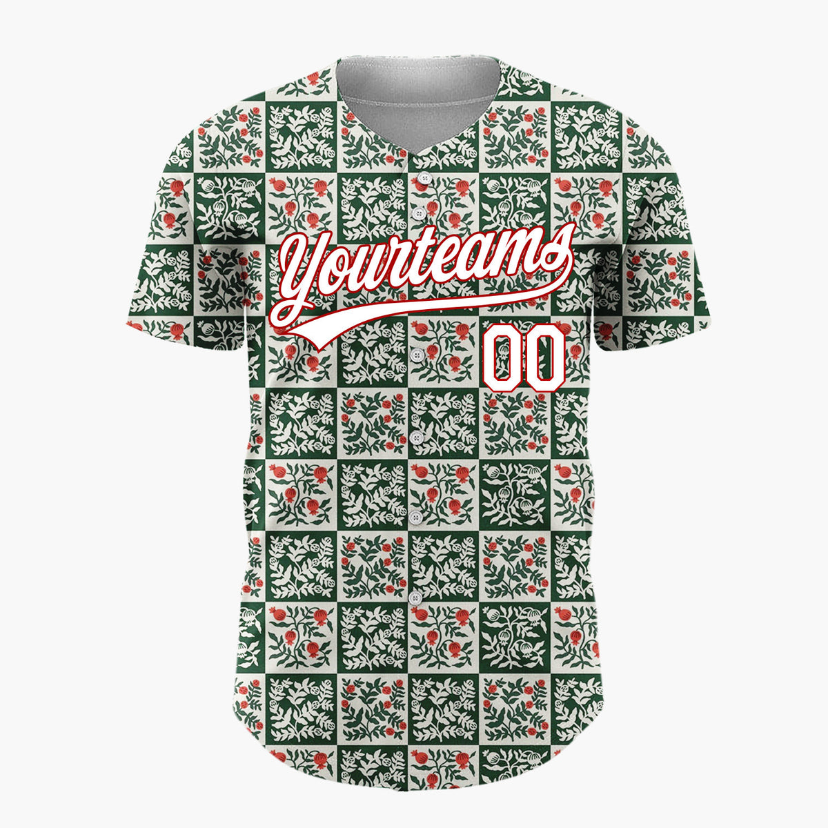 Custom Green Vintage Botanical Christmas Checkerboard Layout Christmas Baseball Jersey