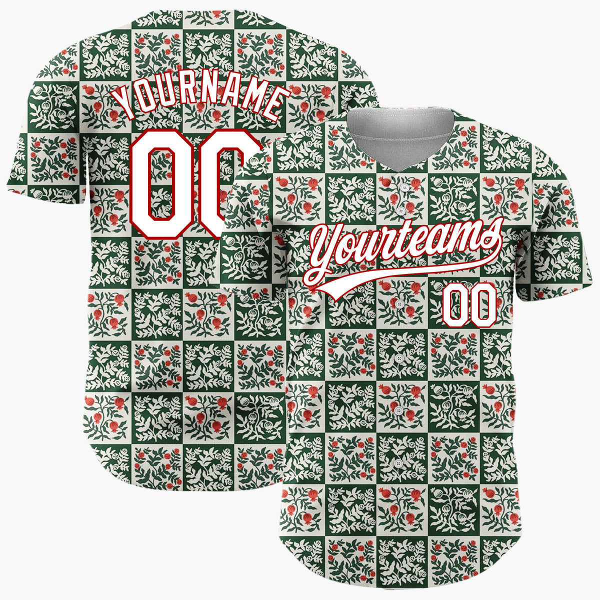 Custom Green Vintage Botanical Christmas Checkerboard Layout Christmas Baseball Jersey