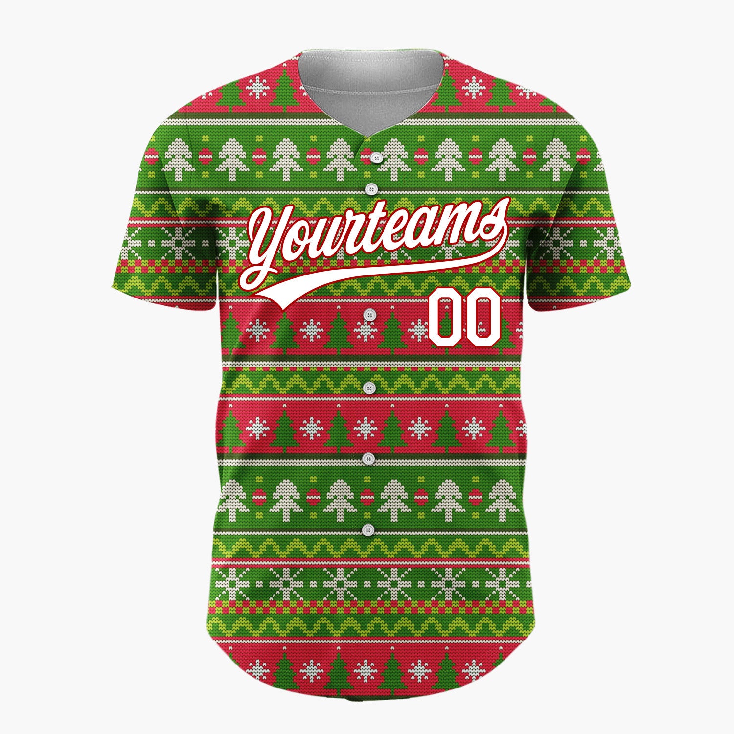 Custom Green Red White Trees And Snowflakes Knitted Christmas Baseball Jersey