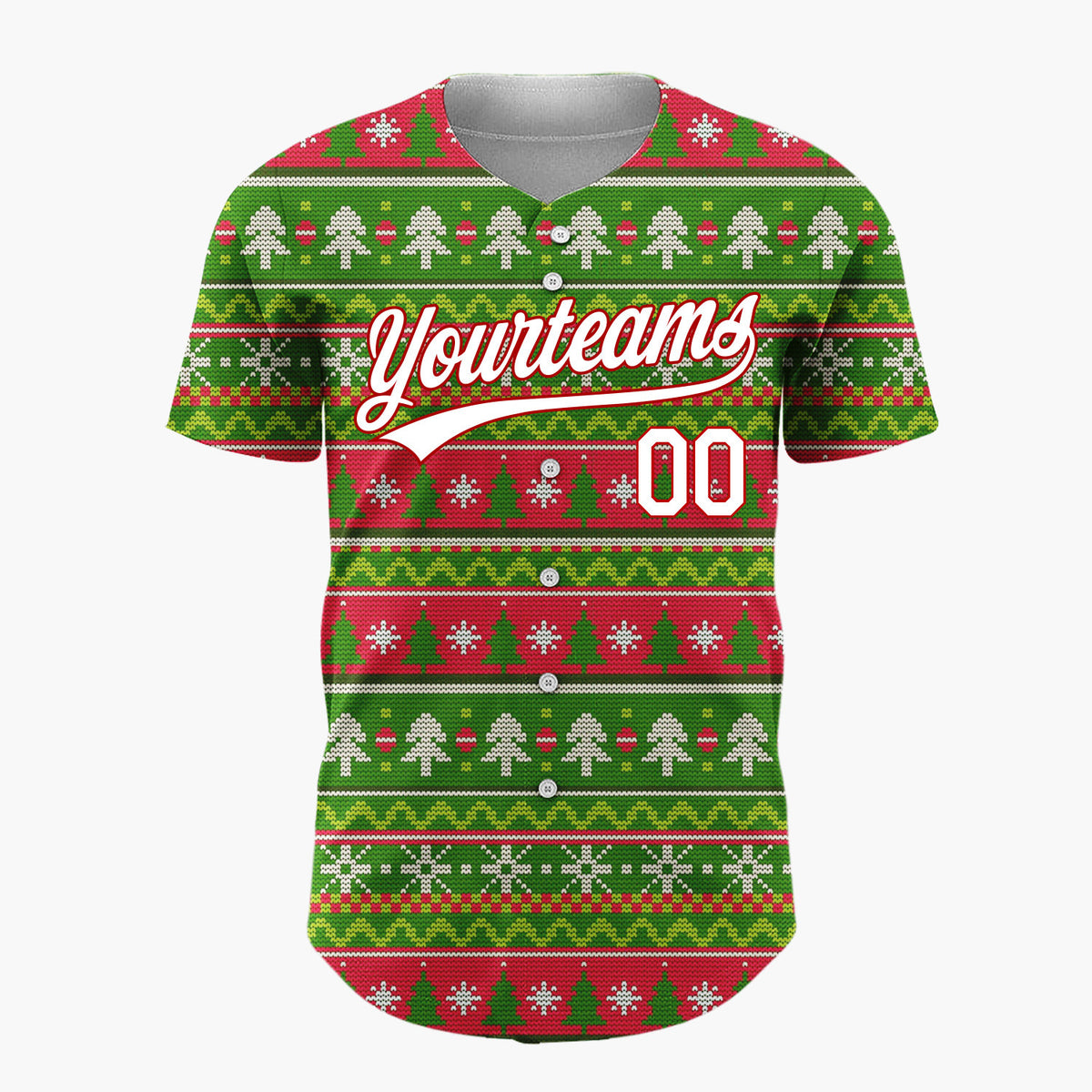 Custom Green Red White Trees And Snowflakes Knitted Christmas Baseball Jersey