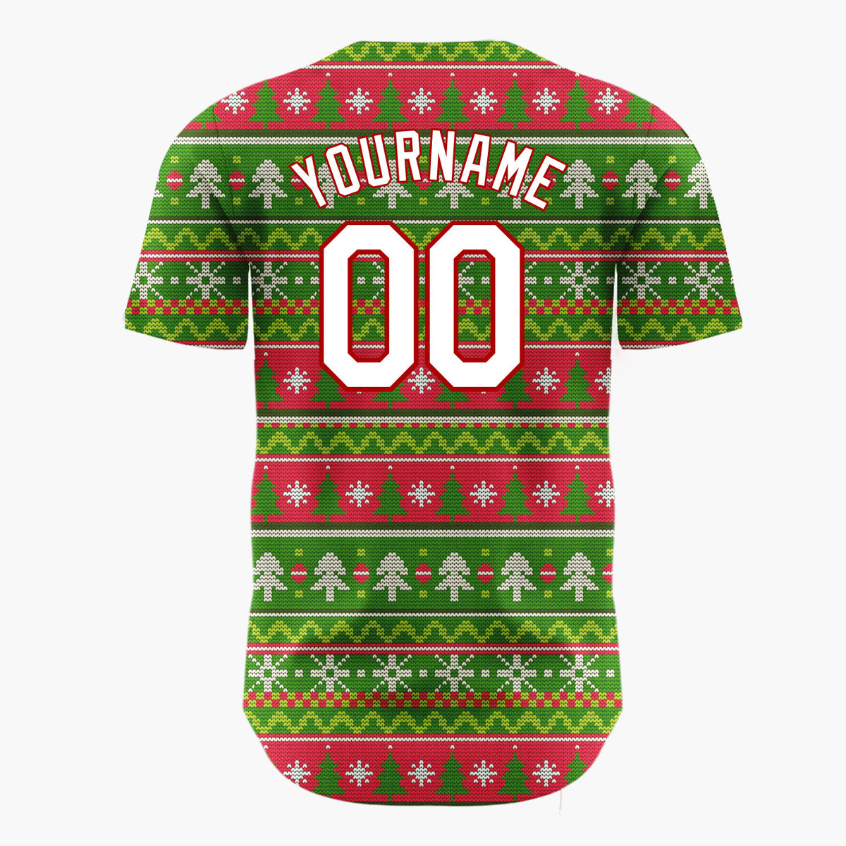 Custom Green Red White Trees And Snowflakes Knitted Christmas Baseball Jersey