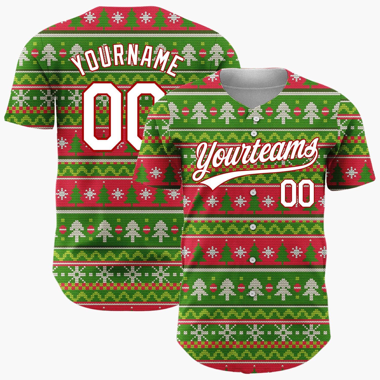 Custom Green Red White Trees And Snowflakes Knitted Christmas Baseball Jersey