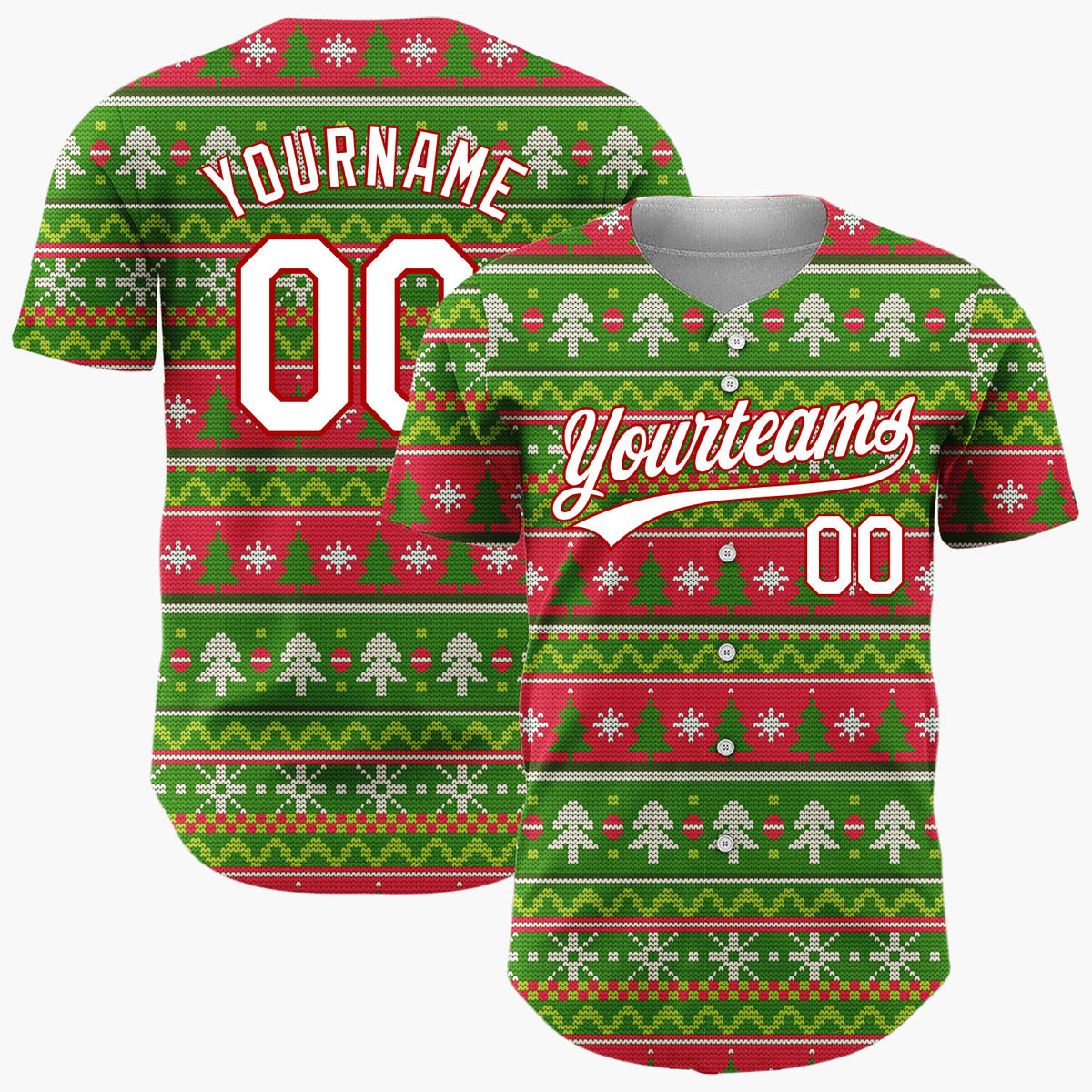 Custom Green Red White Trees And Snowflakes Knitted Christmas Baseball Jersey