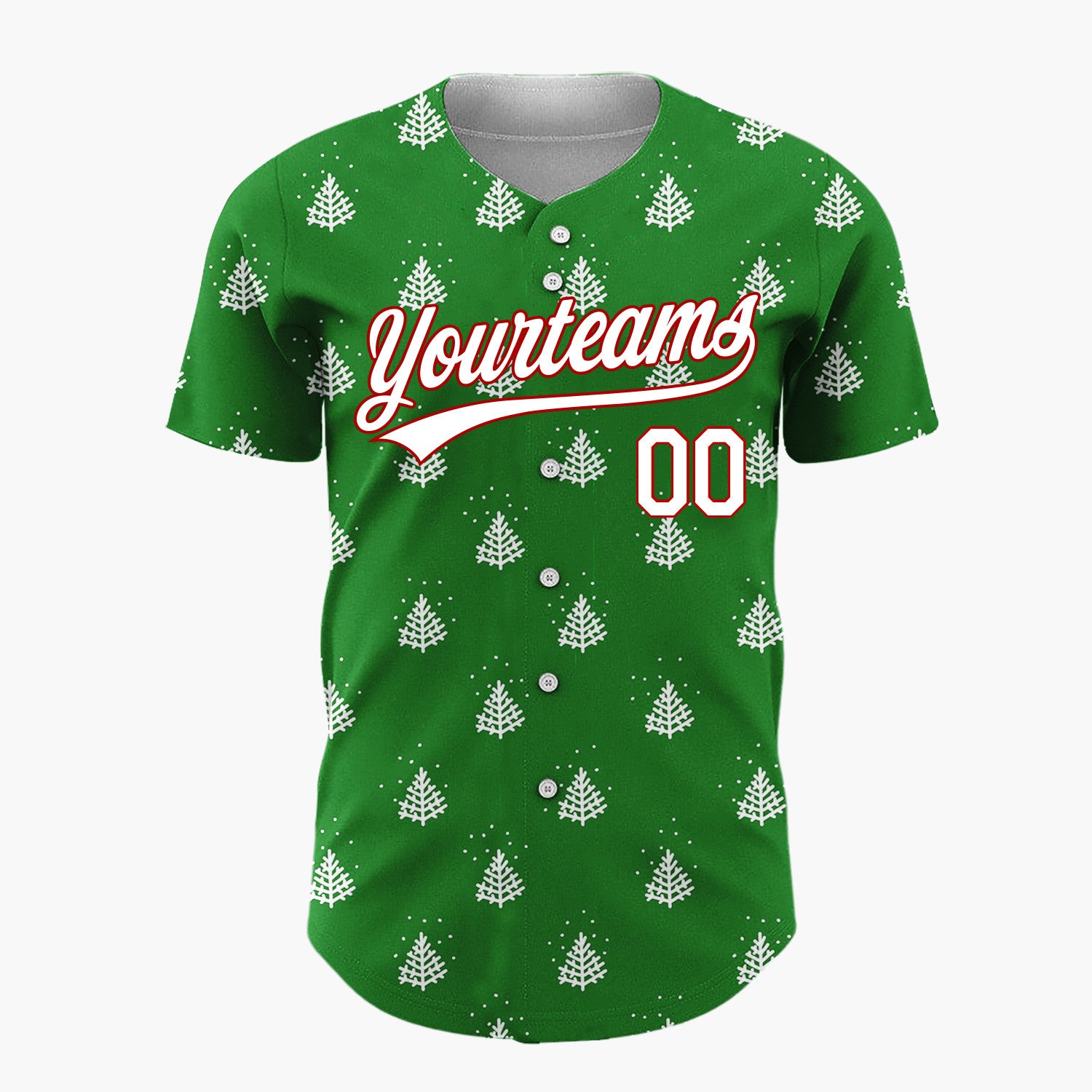 Custom Green White Stylized Pine Trees And Snow Simple Pattern Christmas Baseball Jersey